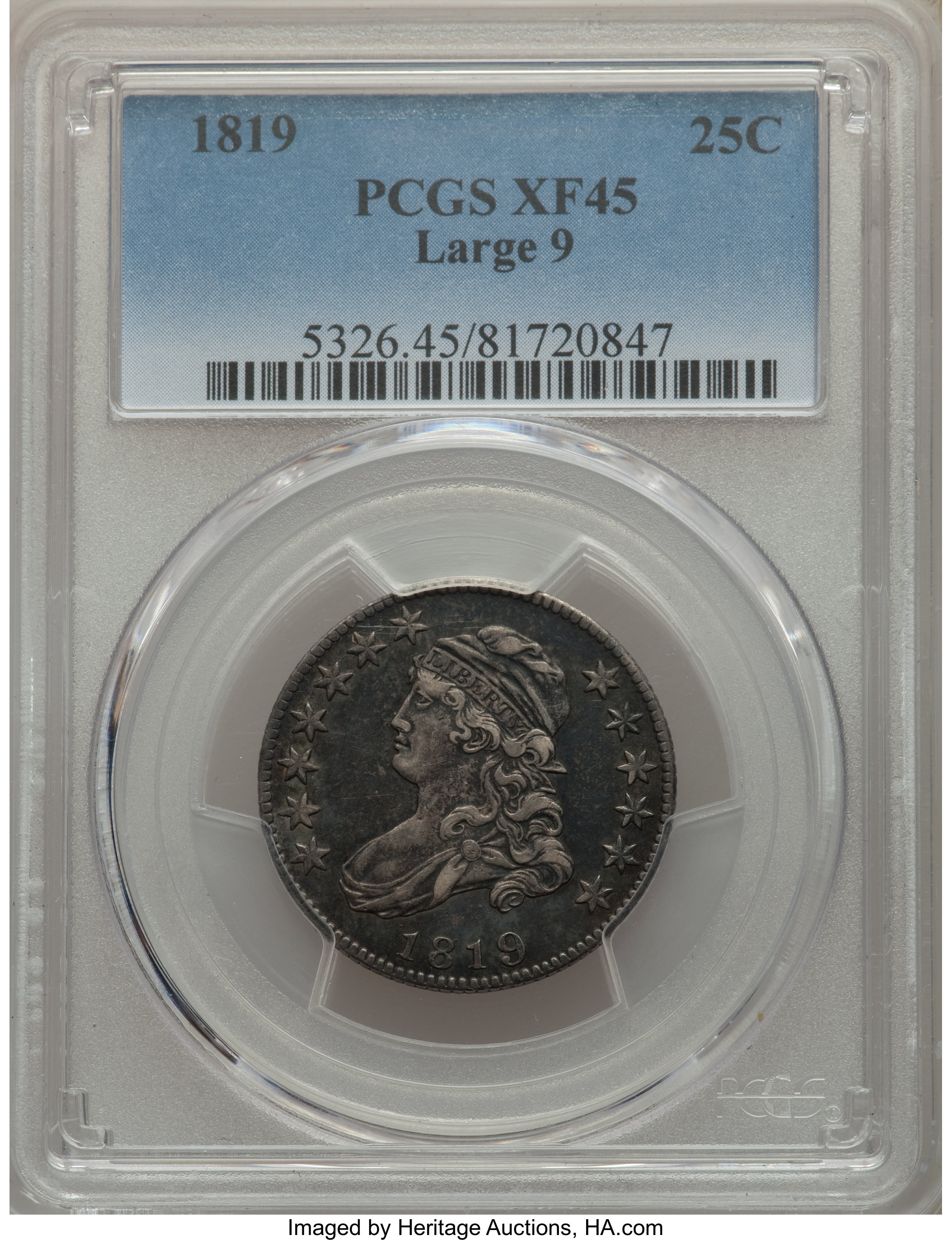 1819 25C Large 9, B-2, R.3, XF45 PCGS. ...