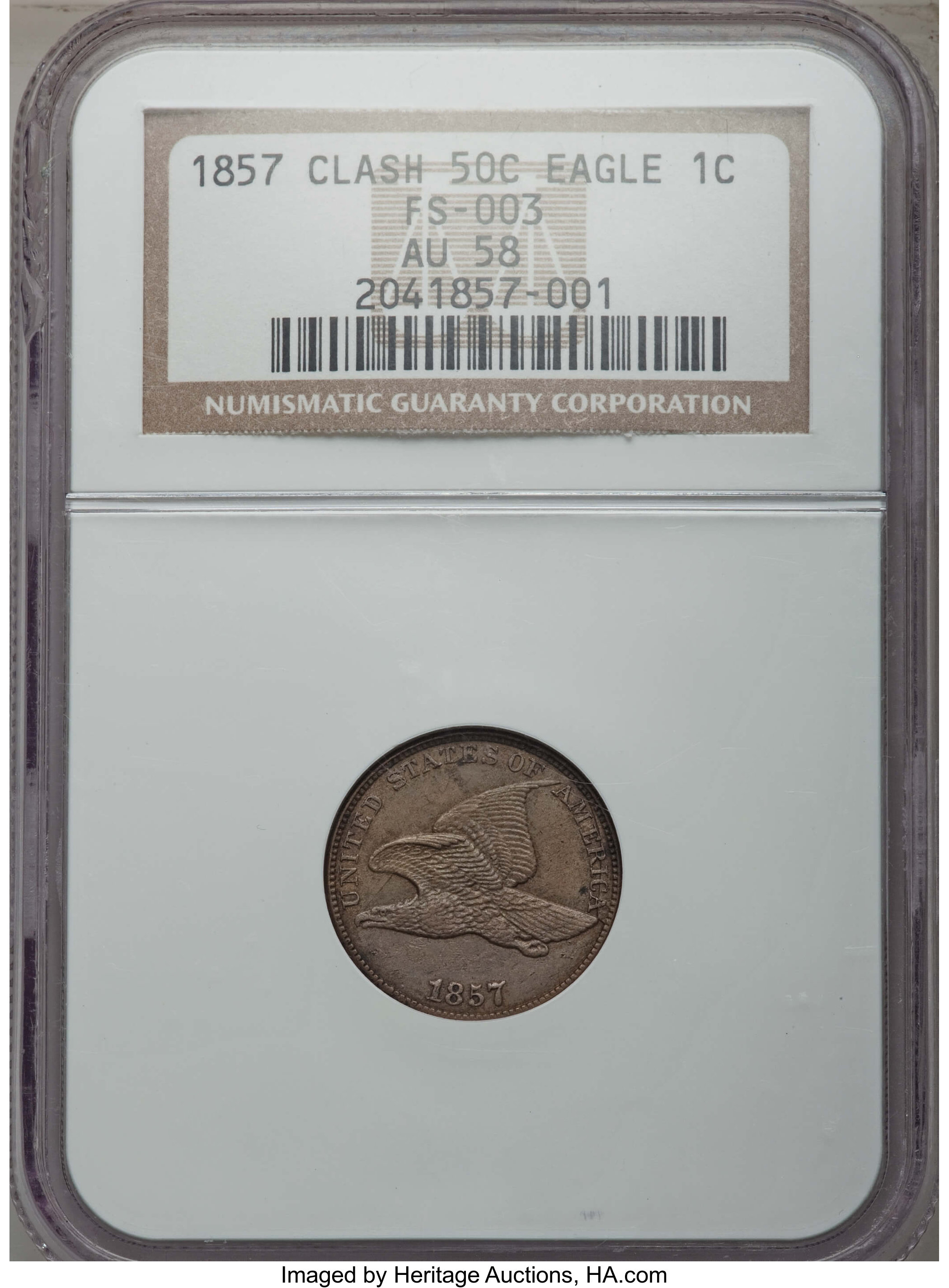1857 1C Obverse Die Clash with Seated Half, Snow-9, FS-402, AU58 NGC. (FS-003). NGC Census: (2/31). PCGS Population: (0/22)...