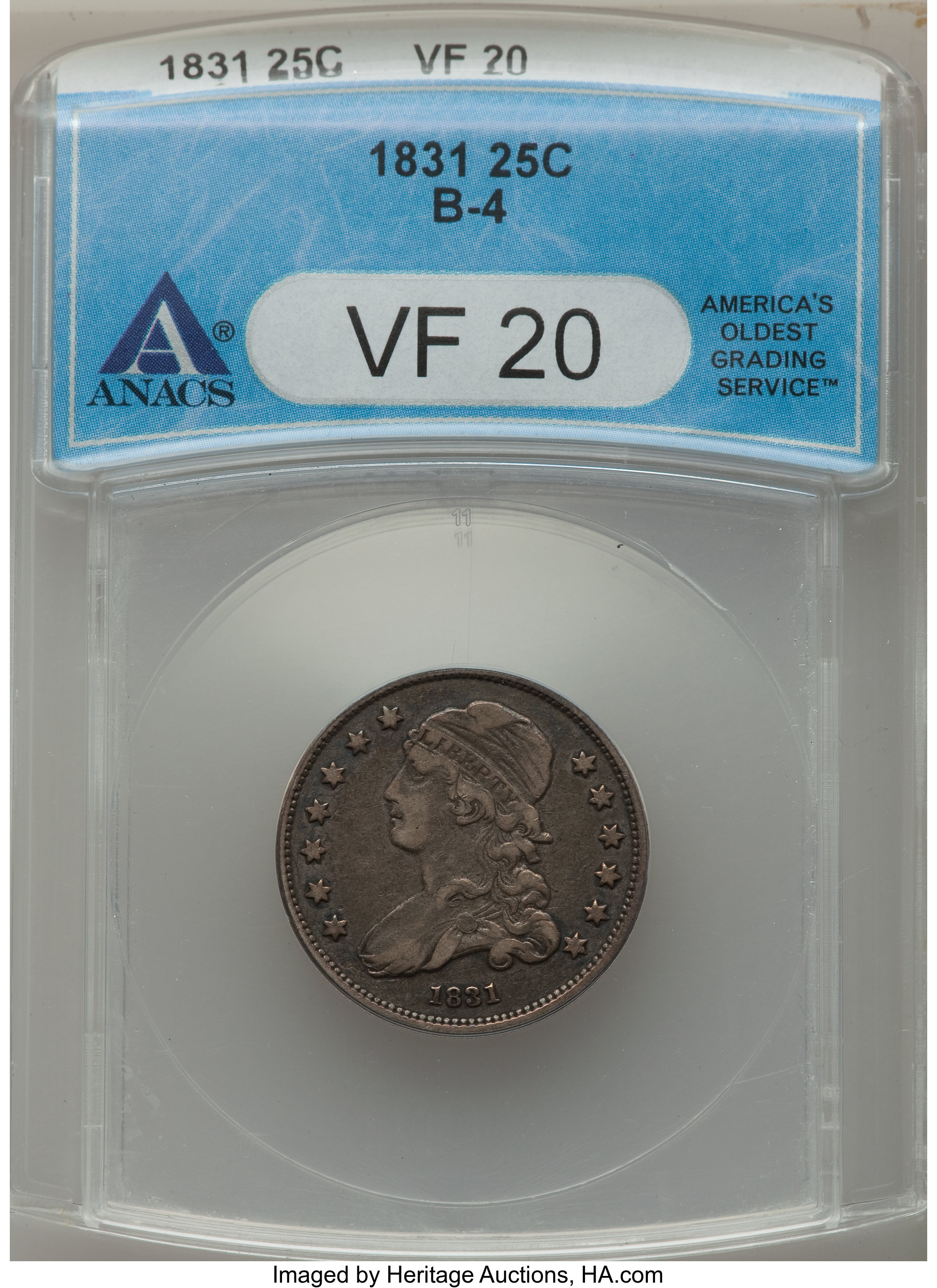 1831 25C Small Letters, B-4, R.1, VF20 ANACS. NGC Census: (1/28). PCGS Population: (2/12). VF20. ...