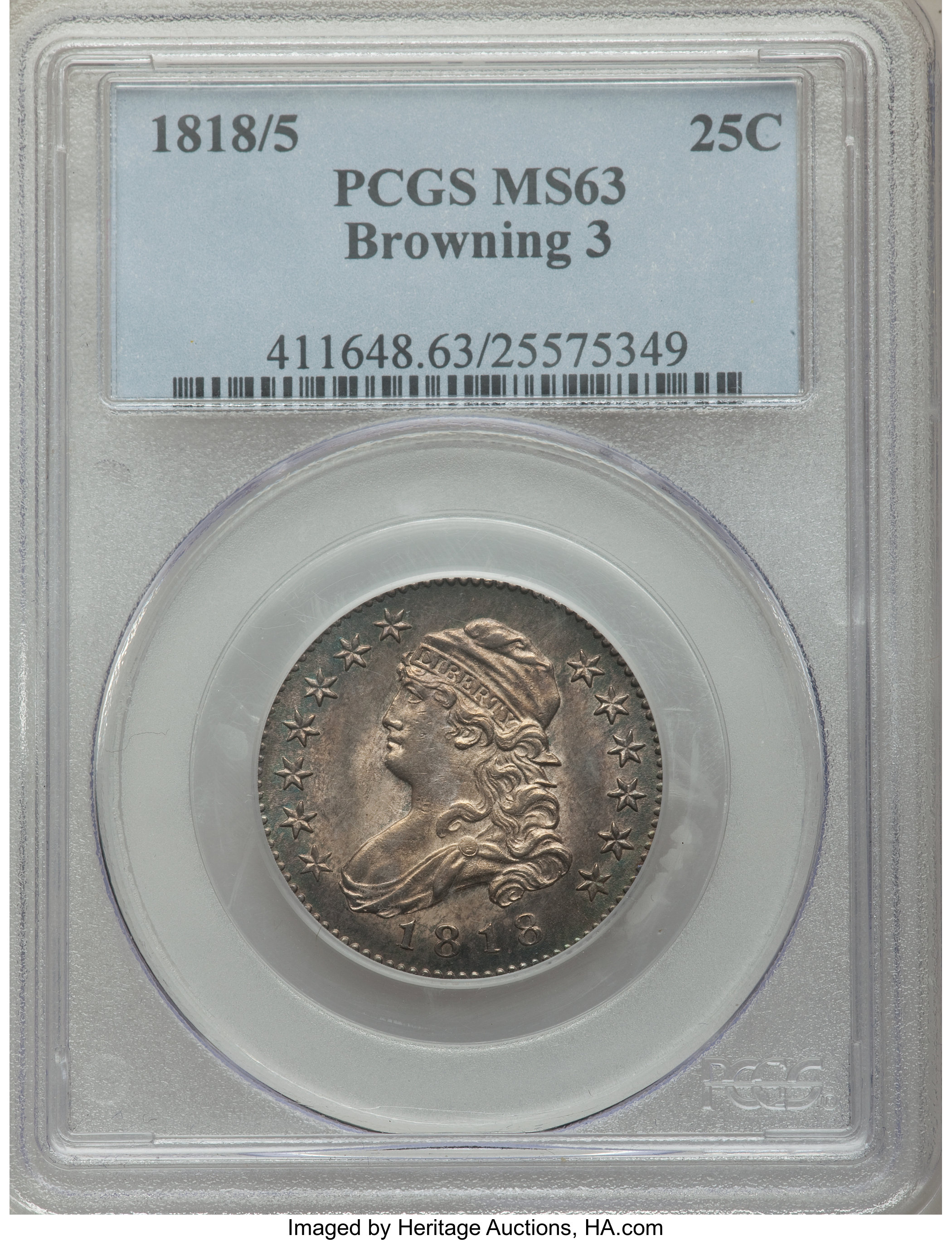 1818/5 25c Overdate, B-3 XF45 CAC thumbnail 25