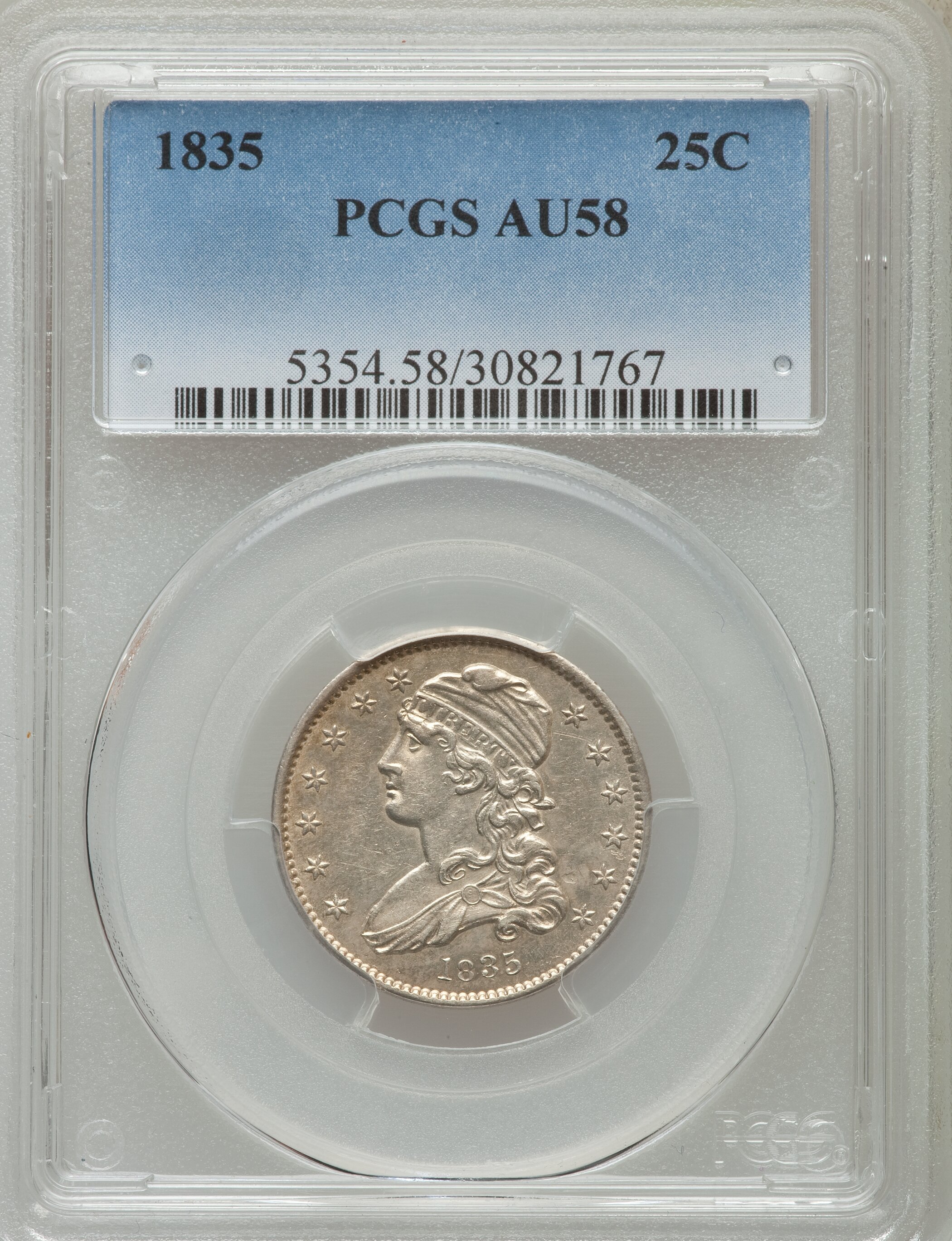 1835 25C B-1, R.1, AU58 PCGS. ...