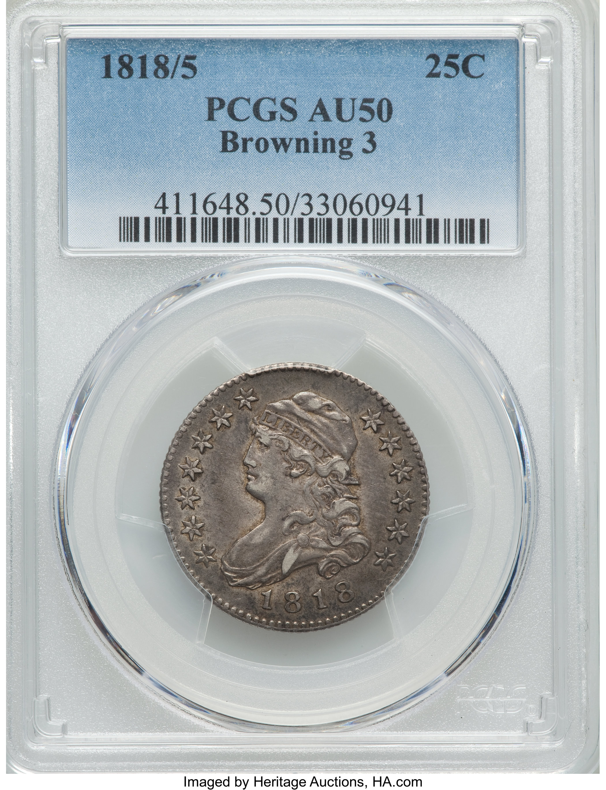 1818/5 25C B-3, R.3, AU50 PCGS. ...