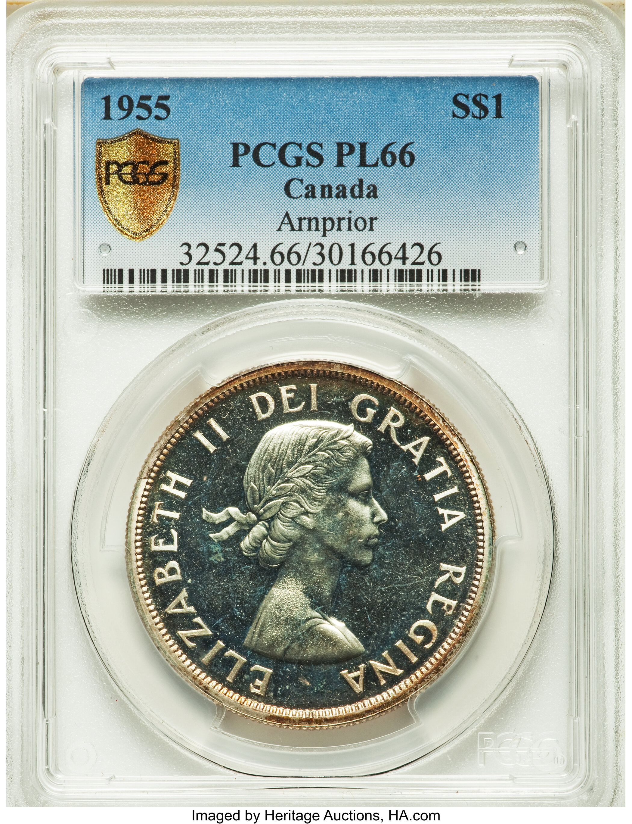 Canada: Elizabeth II Prooflike Dollar 1955 Arnprior PL66 PCGS,...