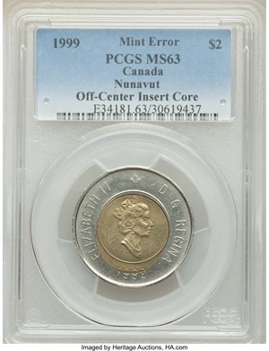 image for: Canada: Elizabeth II Mint Error - Off-Center Insert Core "Nunavut" 2 Dollars 1999 MS63 PCGS,...
