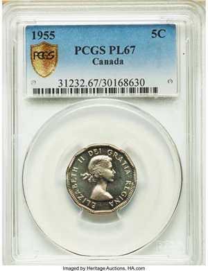 image for: Canada: Elizabeth II Prooflike 5 Cents 1955 PL67 PCGS,...