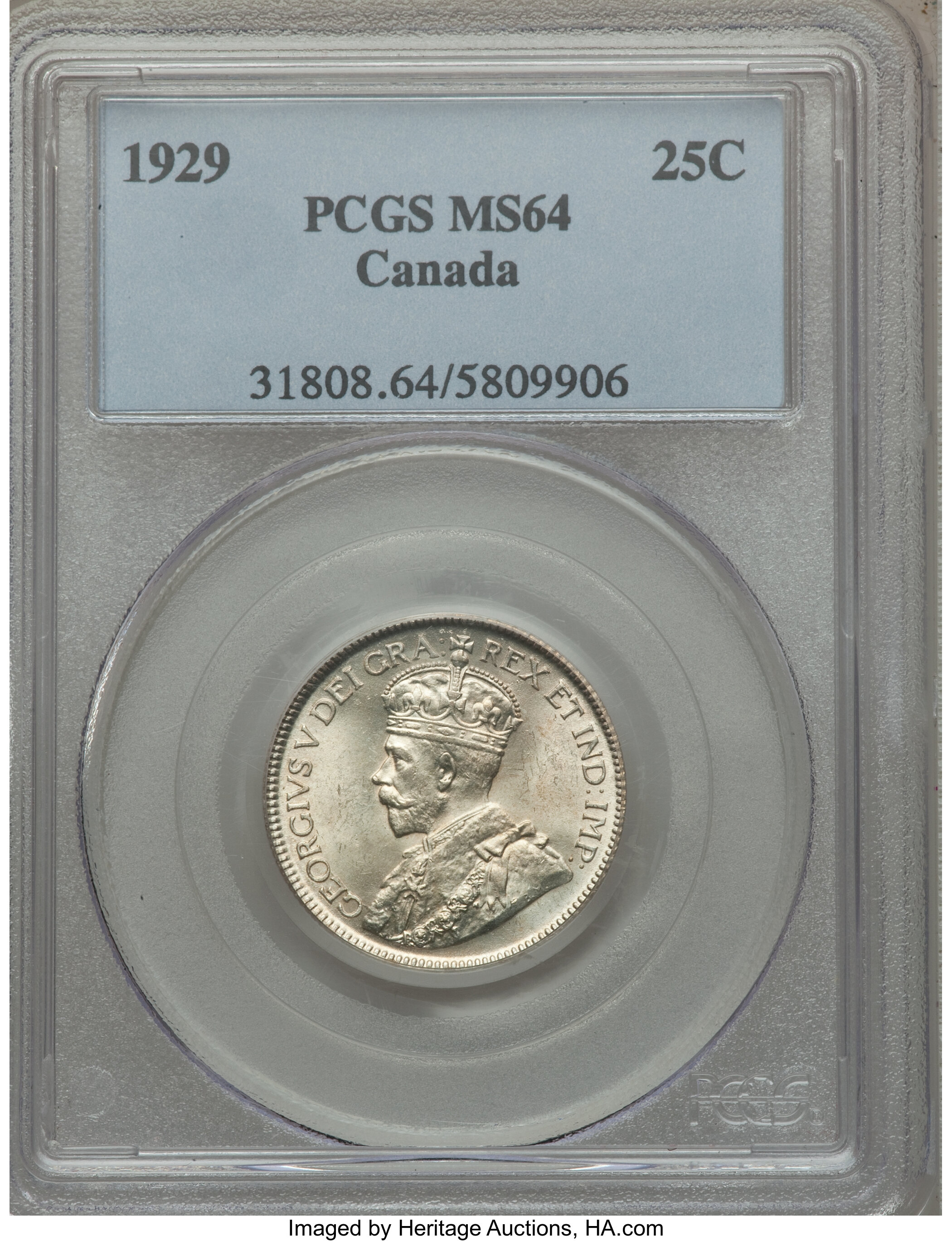Canada: George V 25 Cents 1929 MS64 PCGS,...