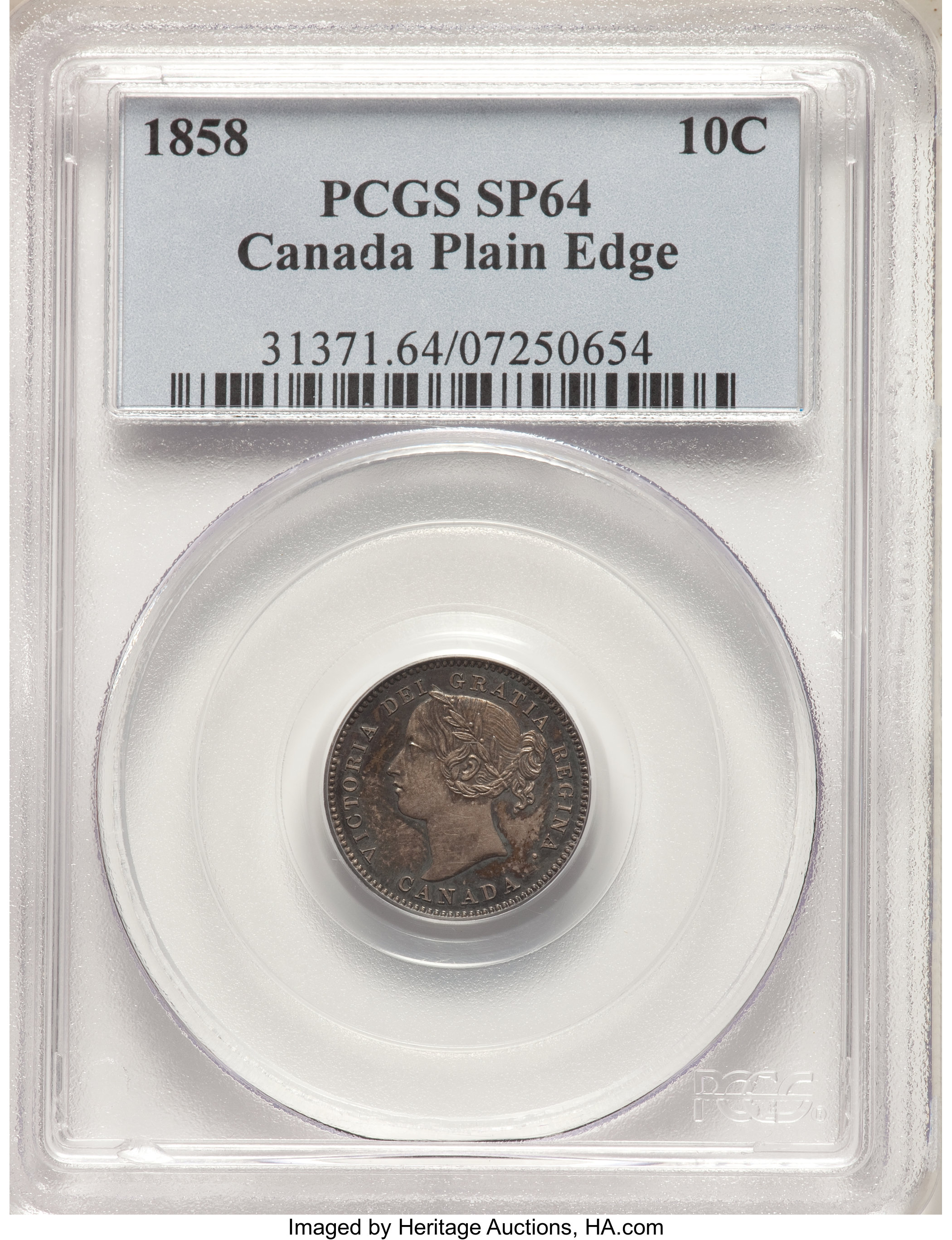 1858 10c Province of Canada, Small Date, Plain Edge MS61 thumbnail 2