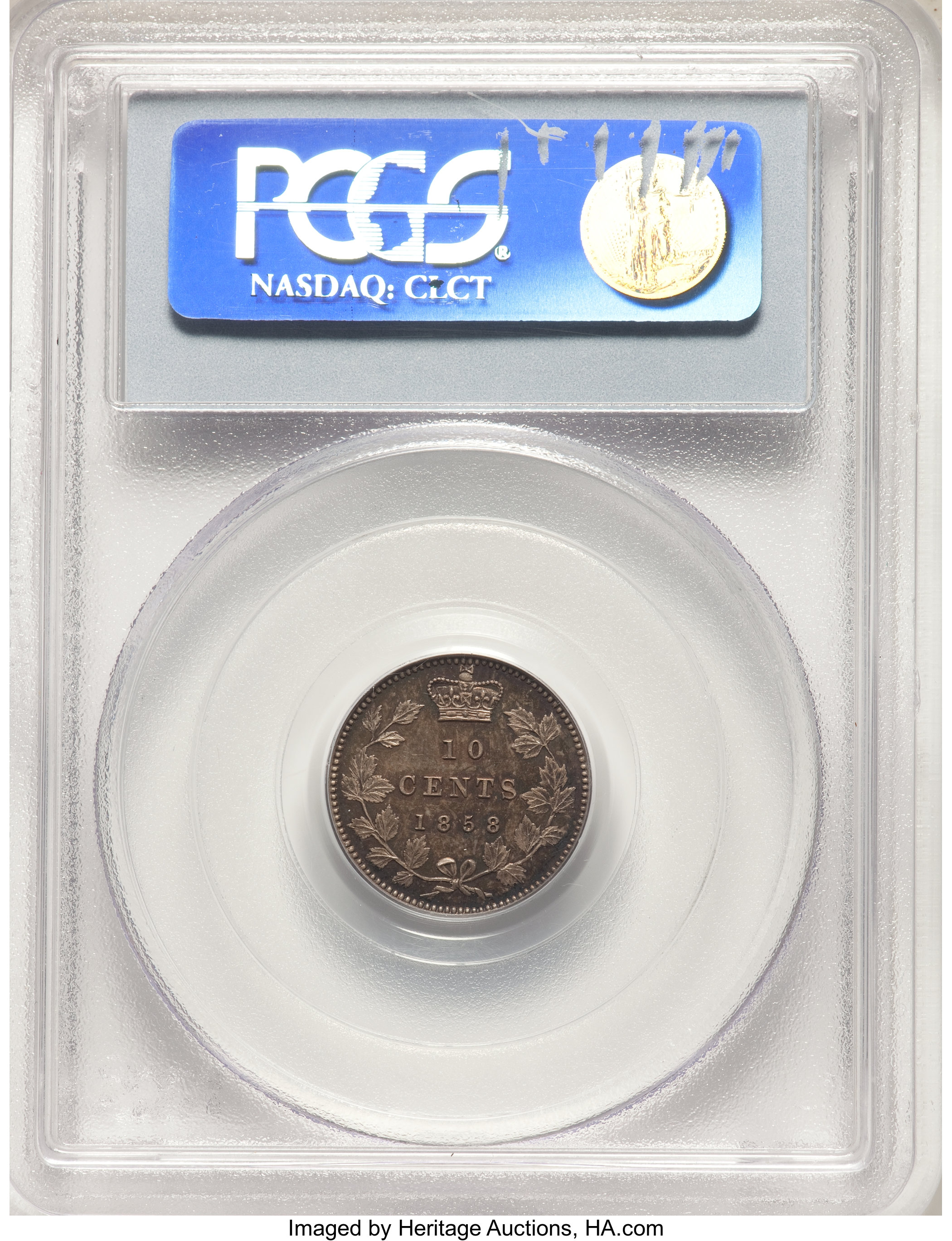1858 10c Province of Canada, Small Date, Plain Edge MS61 thumbnail 3