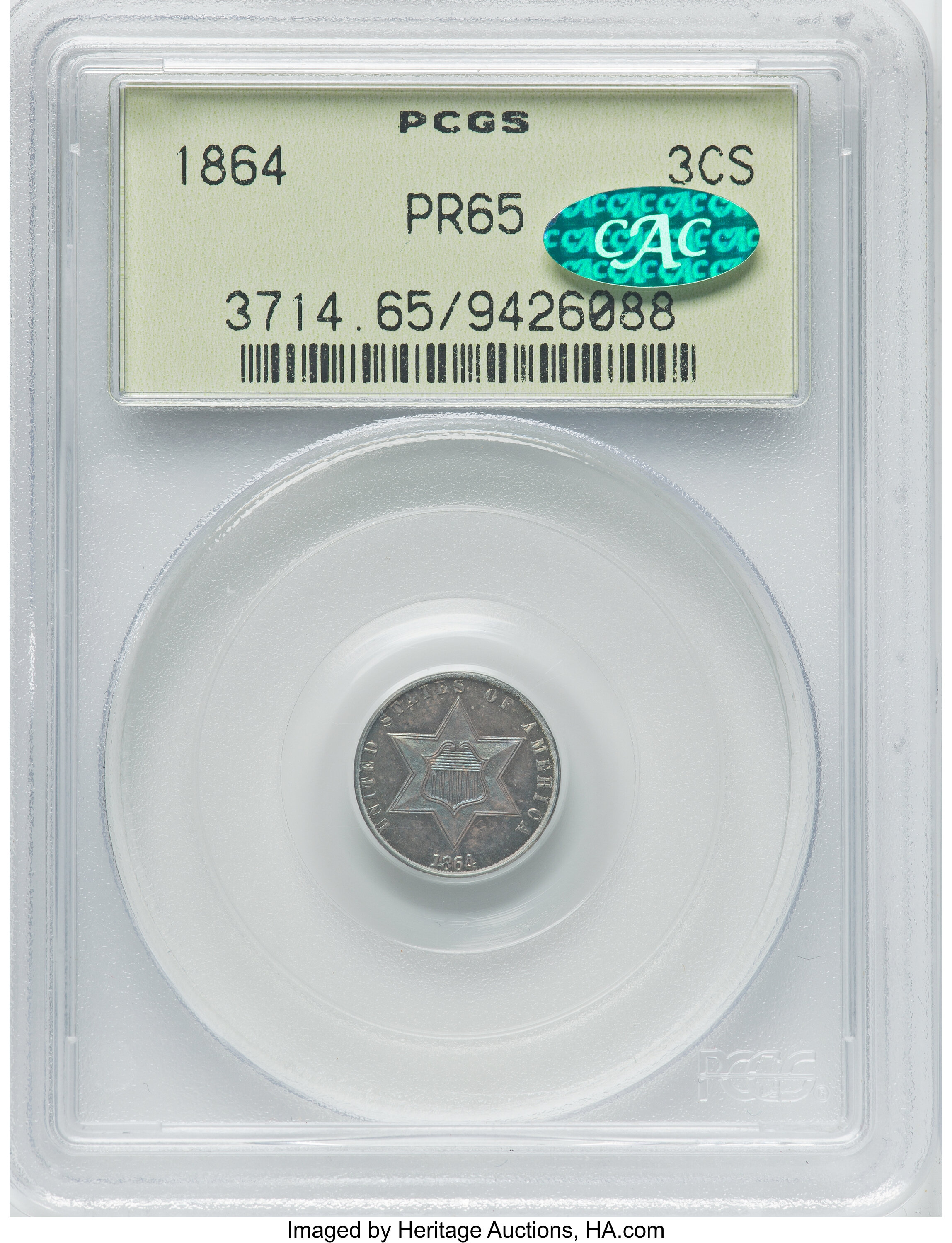 1864 3CS PR65 PCGS. CAC. PCGS Population: (26/25). NGC Census: (37/21). CDN: $1,800 Whsle. Bid for NGC/PCGS PR65. Mintage 4...