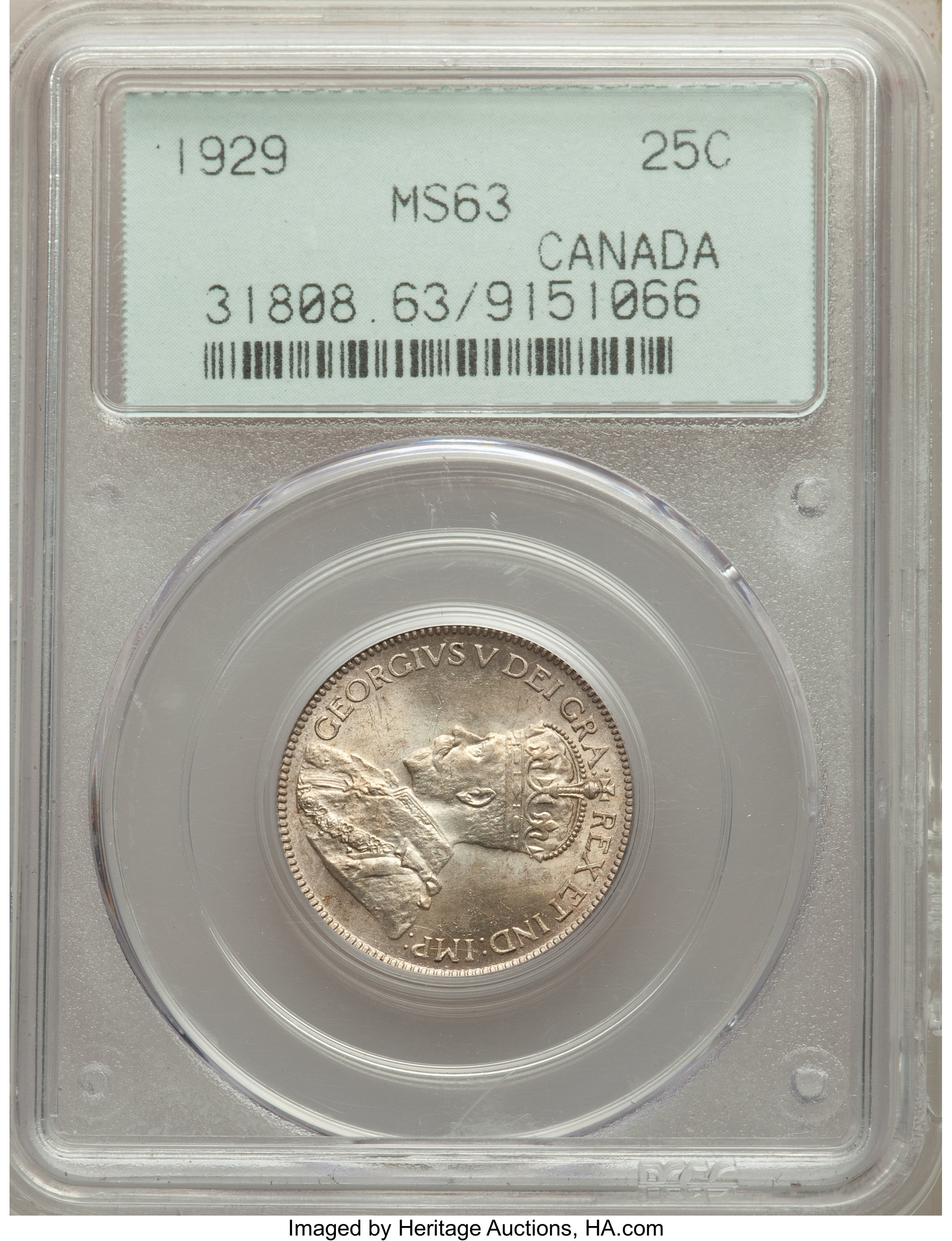 Canada: George V 25 Cents 1929 MS63 PCGS,...