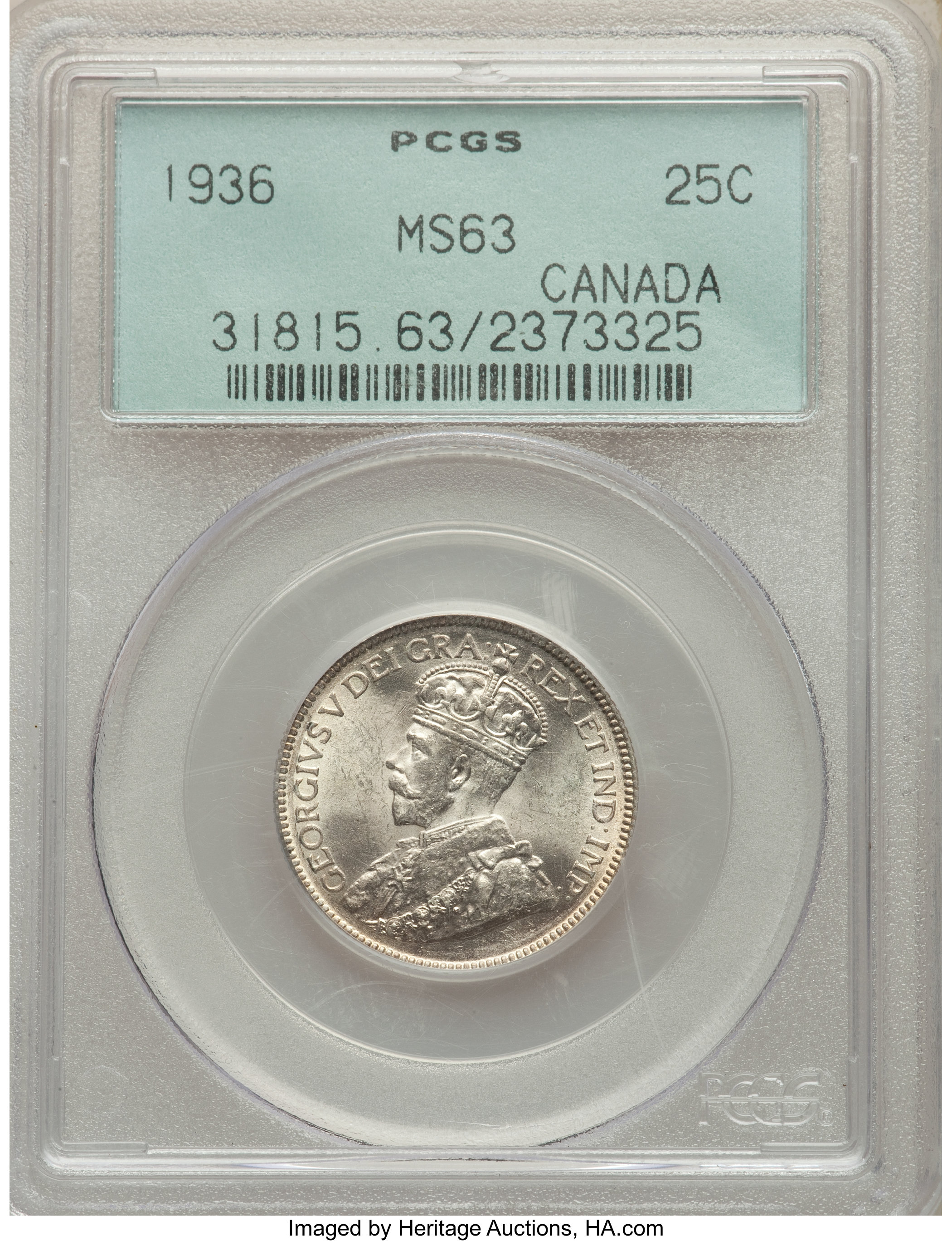 Canada: George V 25 Cents 1936 MS63 PCGS,...