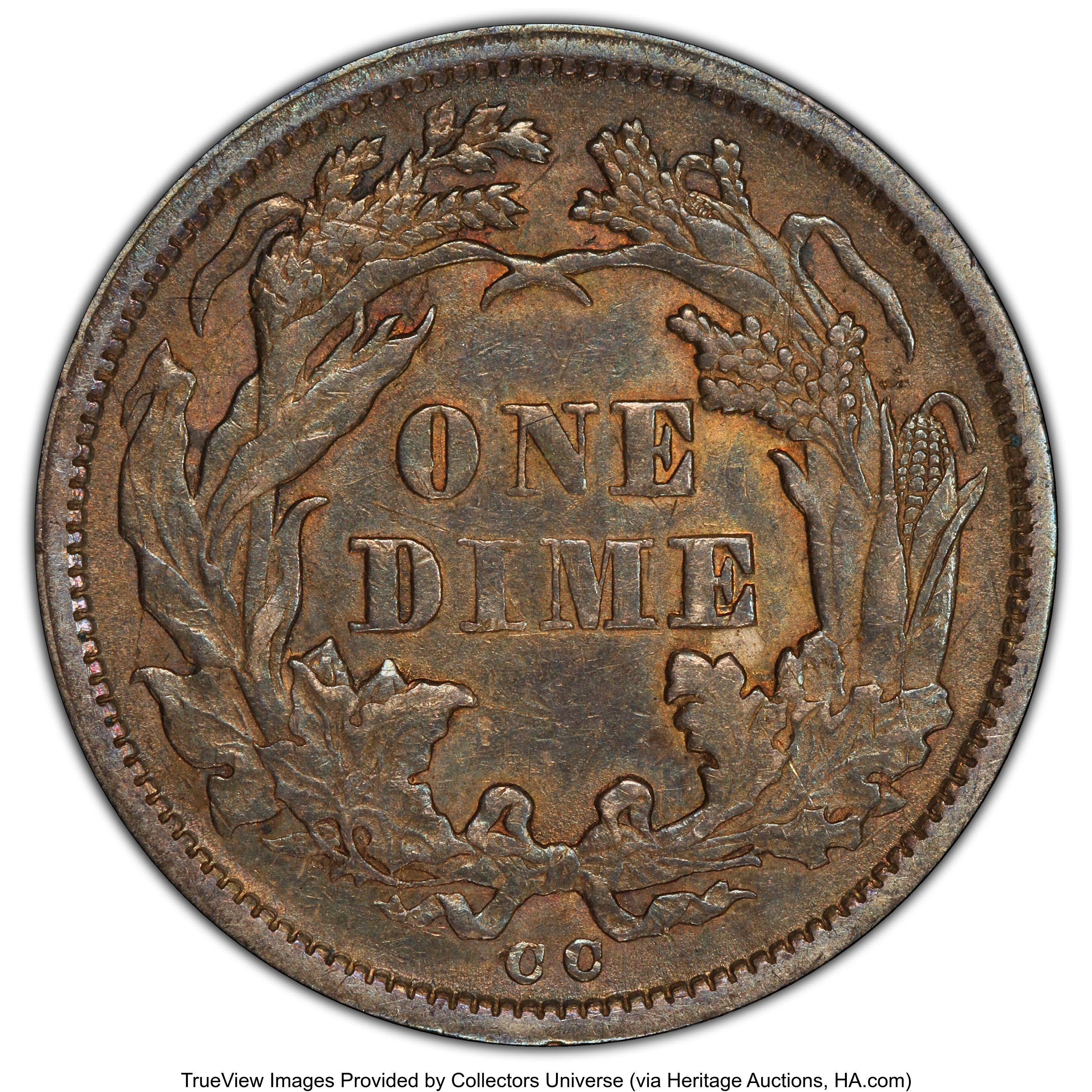 1875-CC 10c Mintmark Below Bow AU50 thumbnail 7