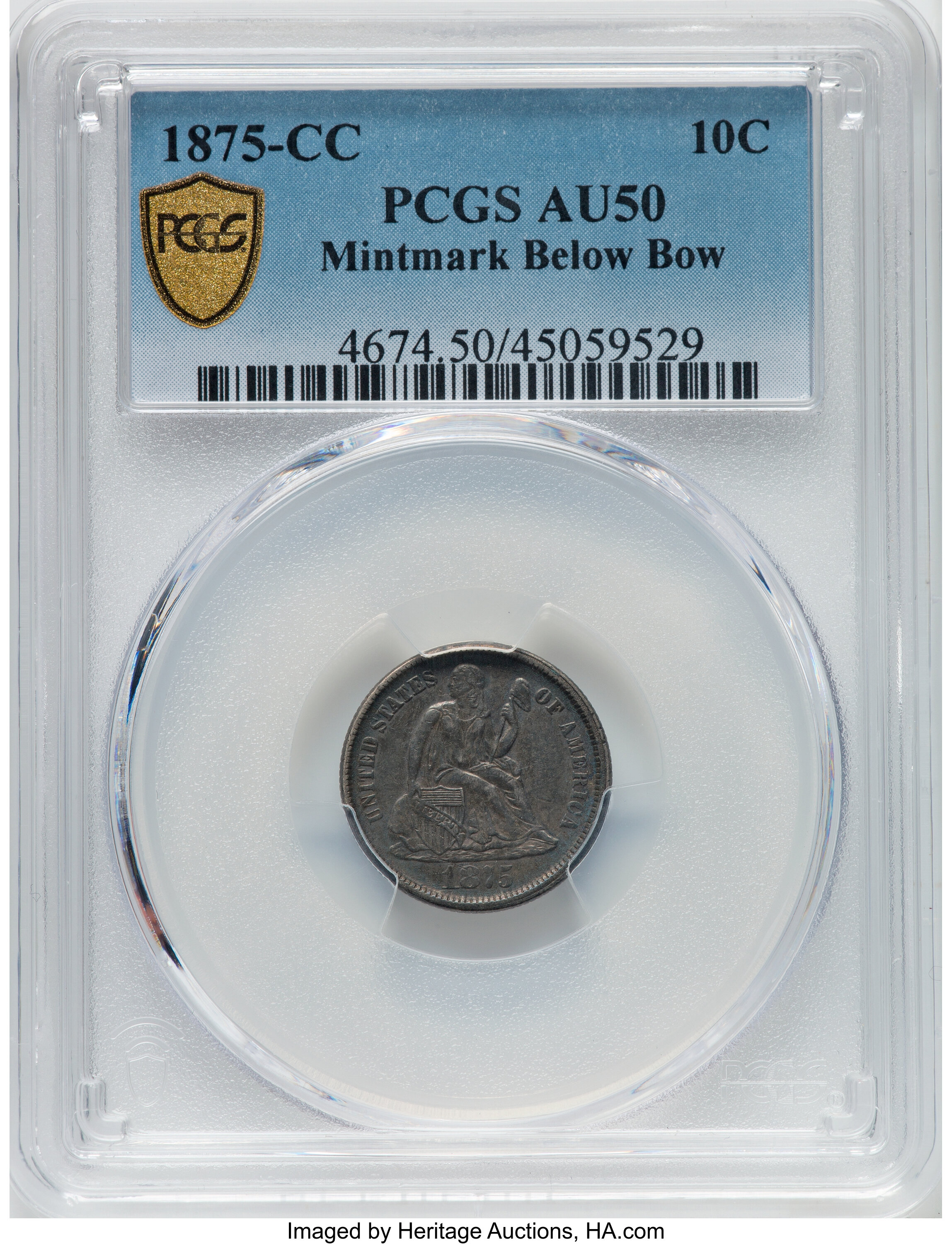 1875-CC 10c Mintmark Below Bow AU50 thumbnail 8