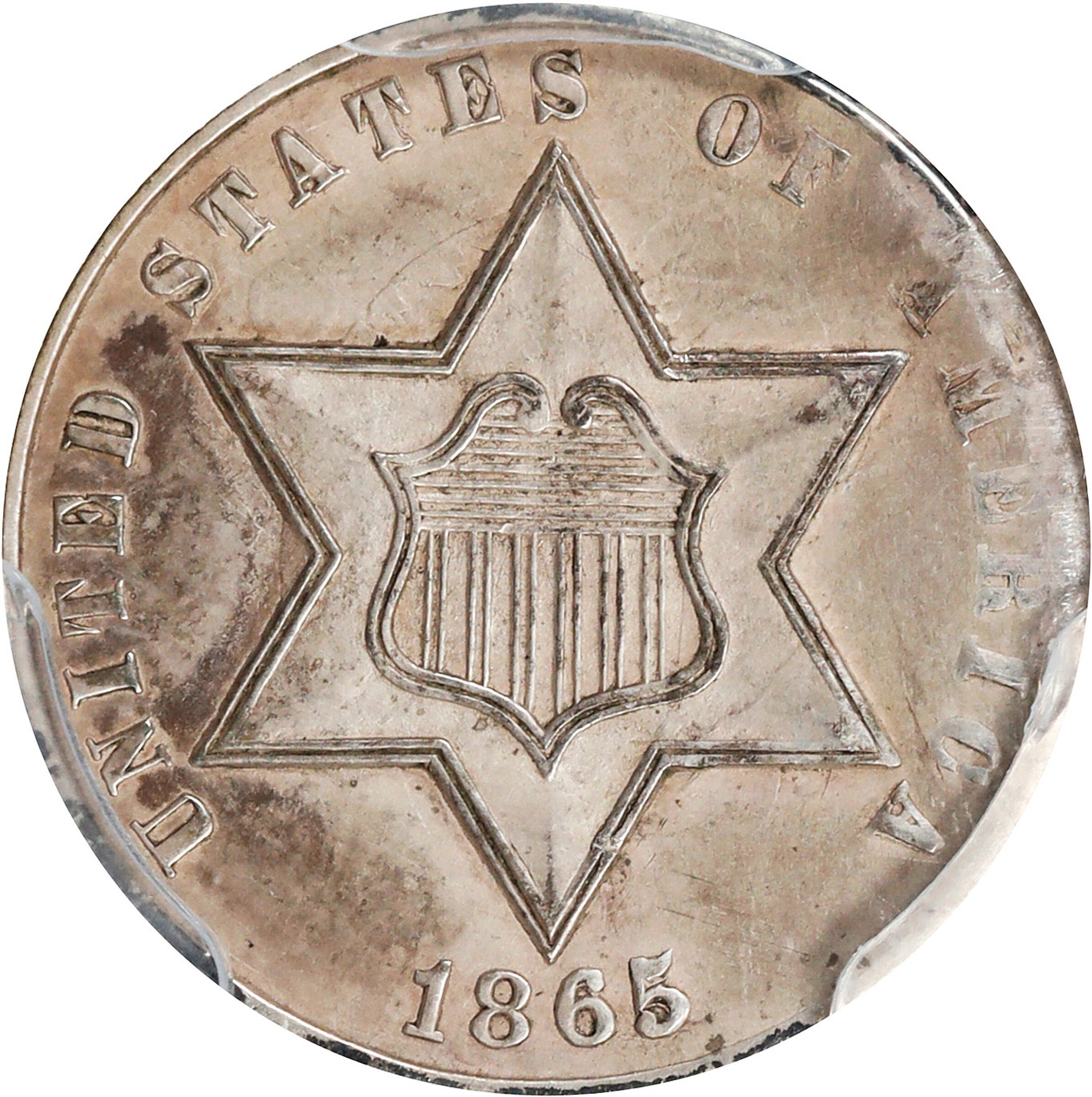 1865 Silver Three-Cent Piece. AU Details--Rim Damage (PCGS).