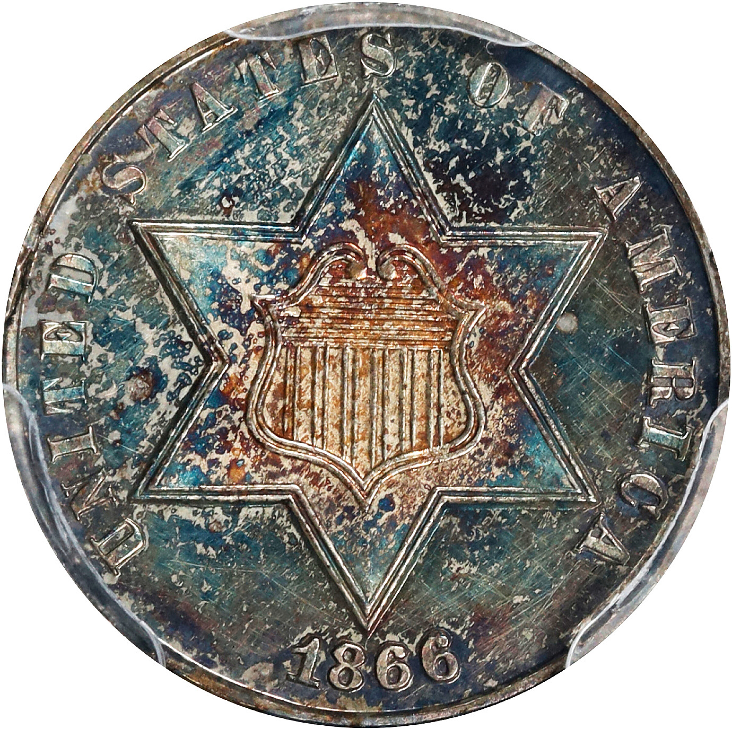 1866 Silver Three-Cent Piece. Proof. Unc Details--Bent (PCGS).