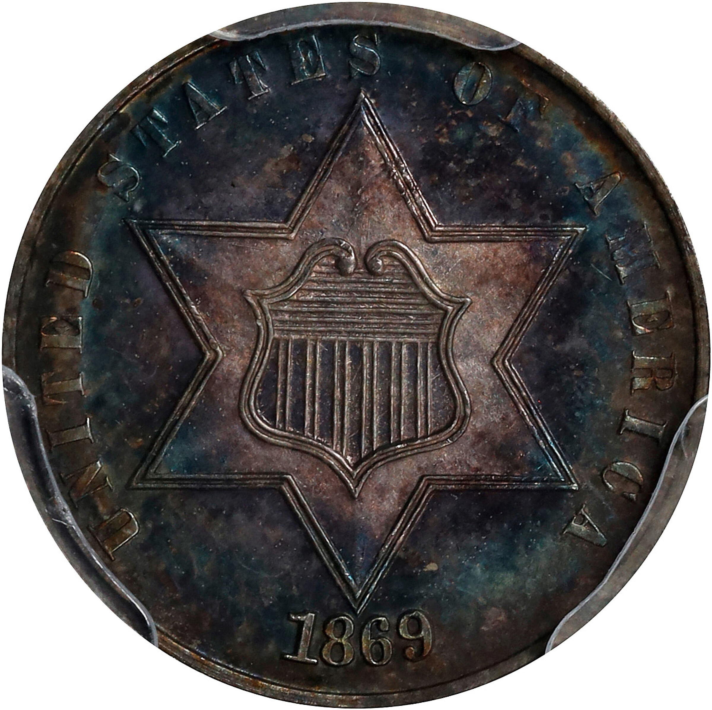 1869/'8' Silver Three-Cent Piece. Proof. Unc Details--Environmental Damage (PCGS).