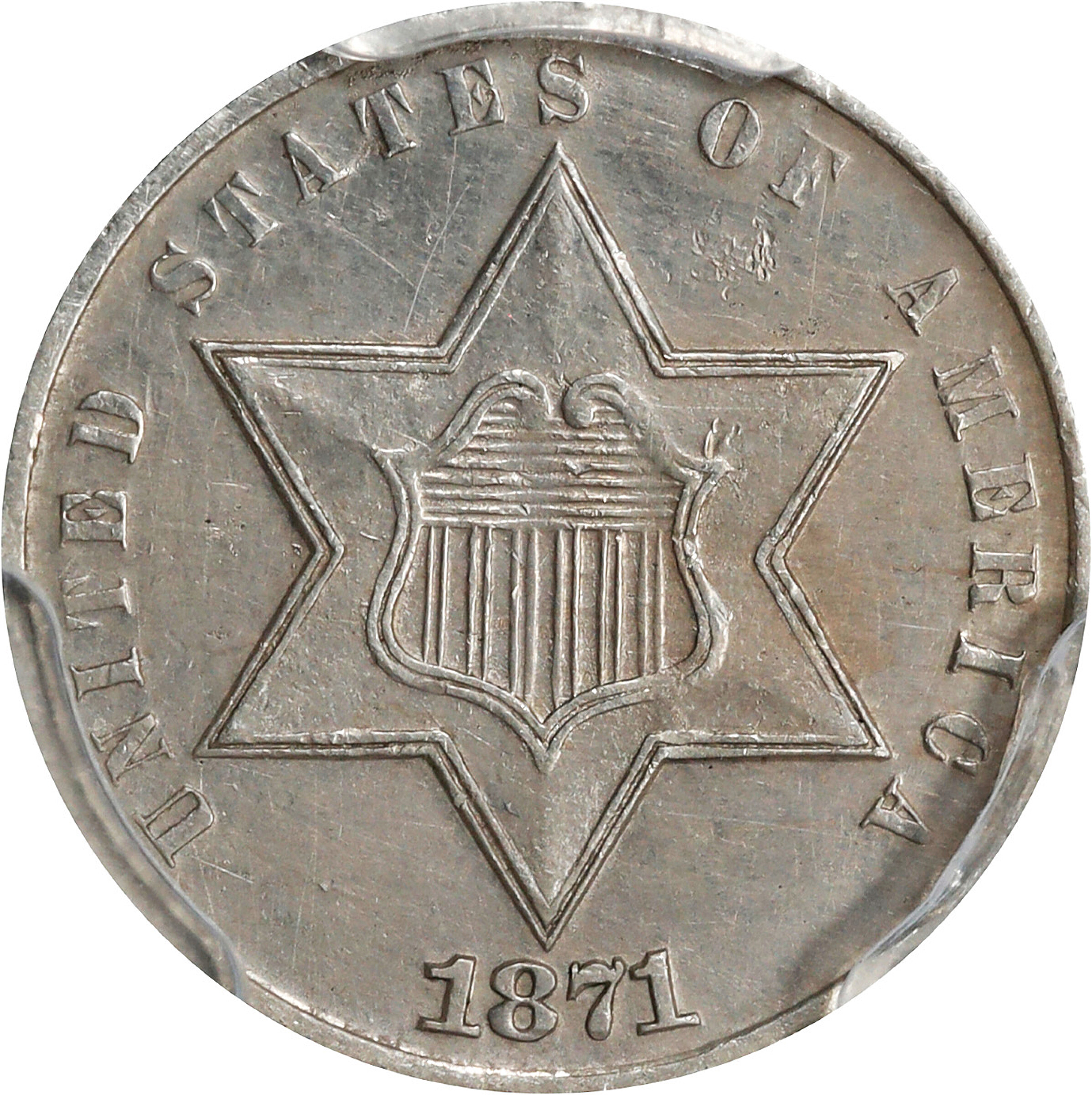 1871 Silver Three-Cent Piece. Proof. AU Details--Environmental Damage (PCGS).