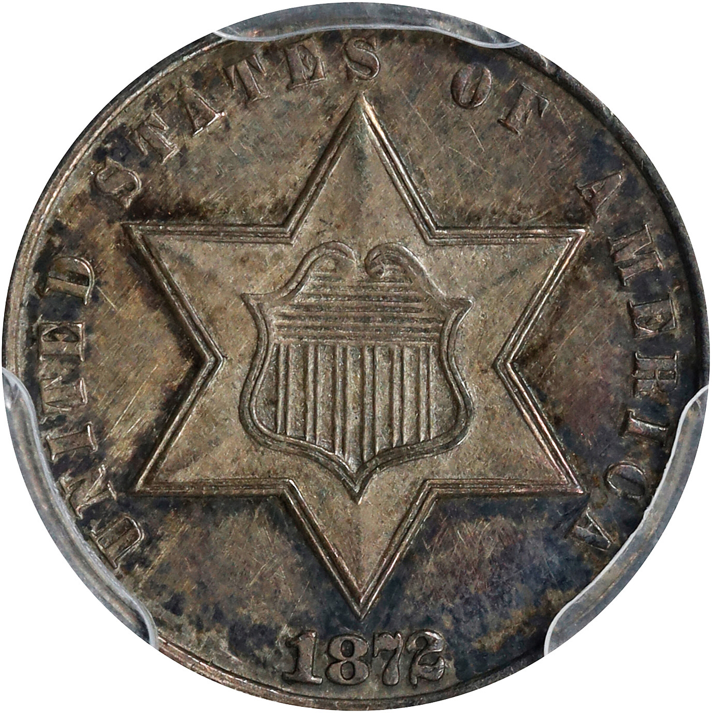 1872 Silver Three-Cent Piece. Proof. Unc Details--Cleaned (PCGS).