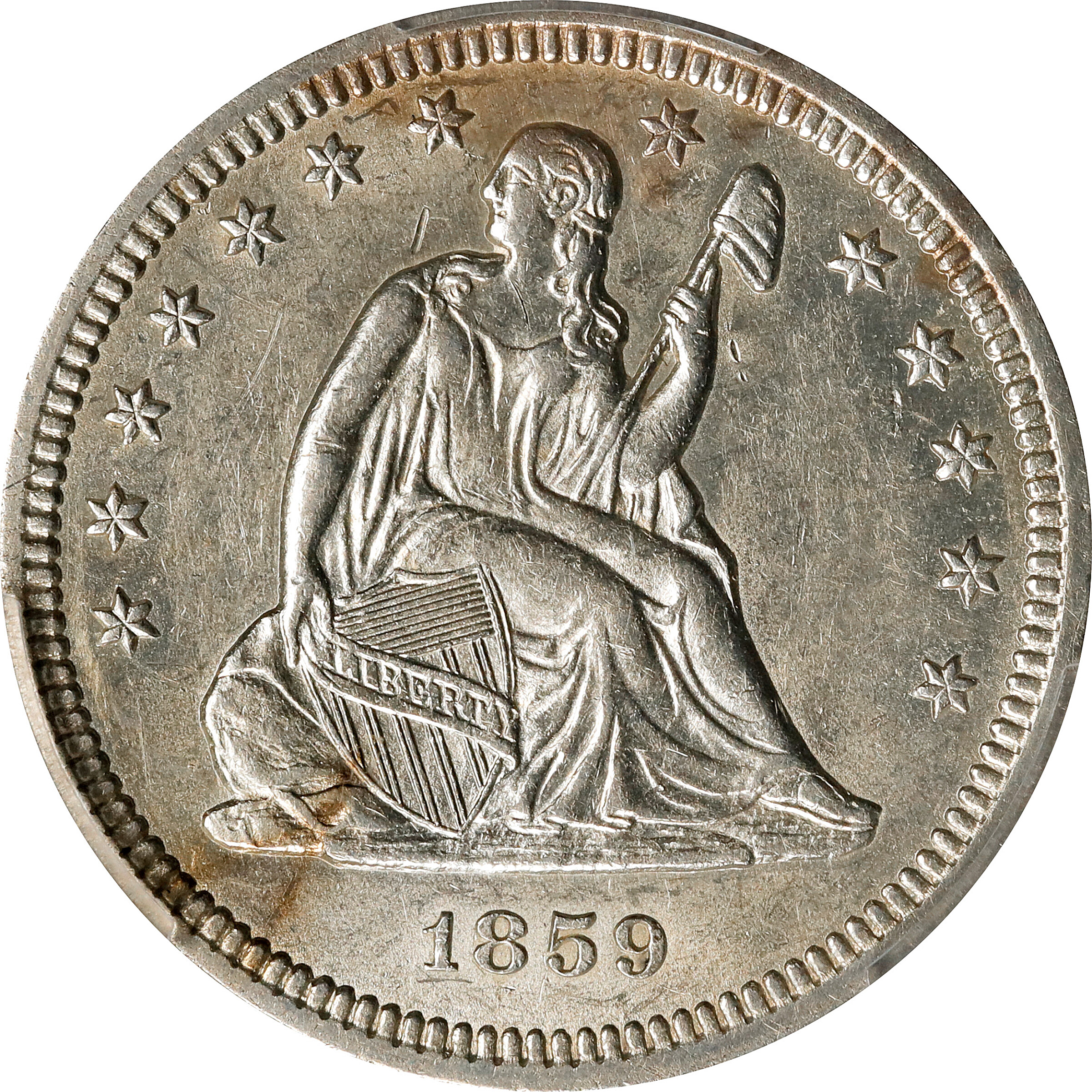 1859 Liberty Seated Quarter. Type I/II. AU Details--Scratch (PCGS).