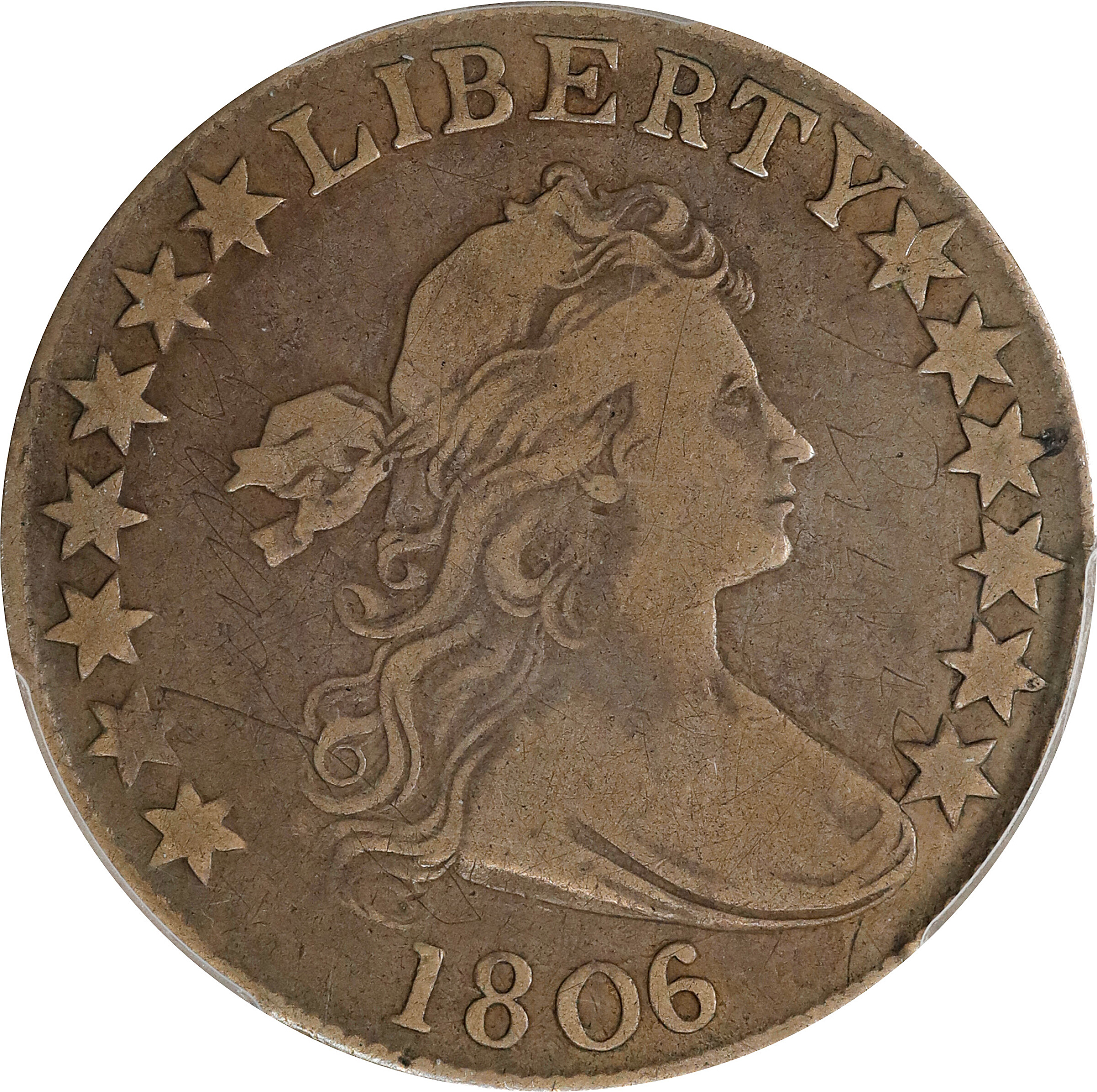1806/5 Draped Bust Half Dollar. O-101, T-6. Rarity-3. Large Stars. Fine Details--Graffiti (PCGS).