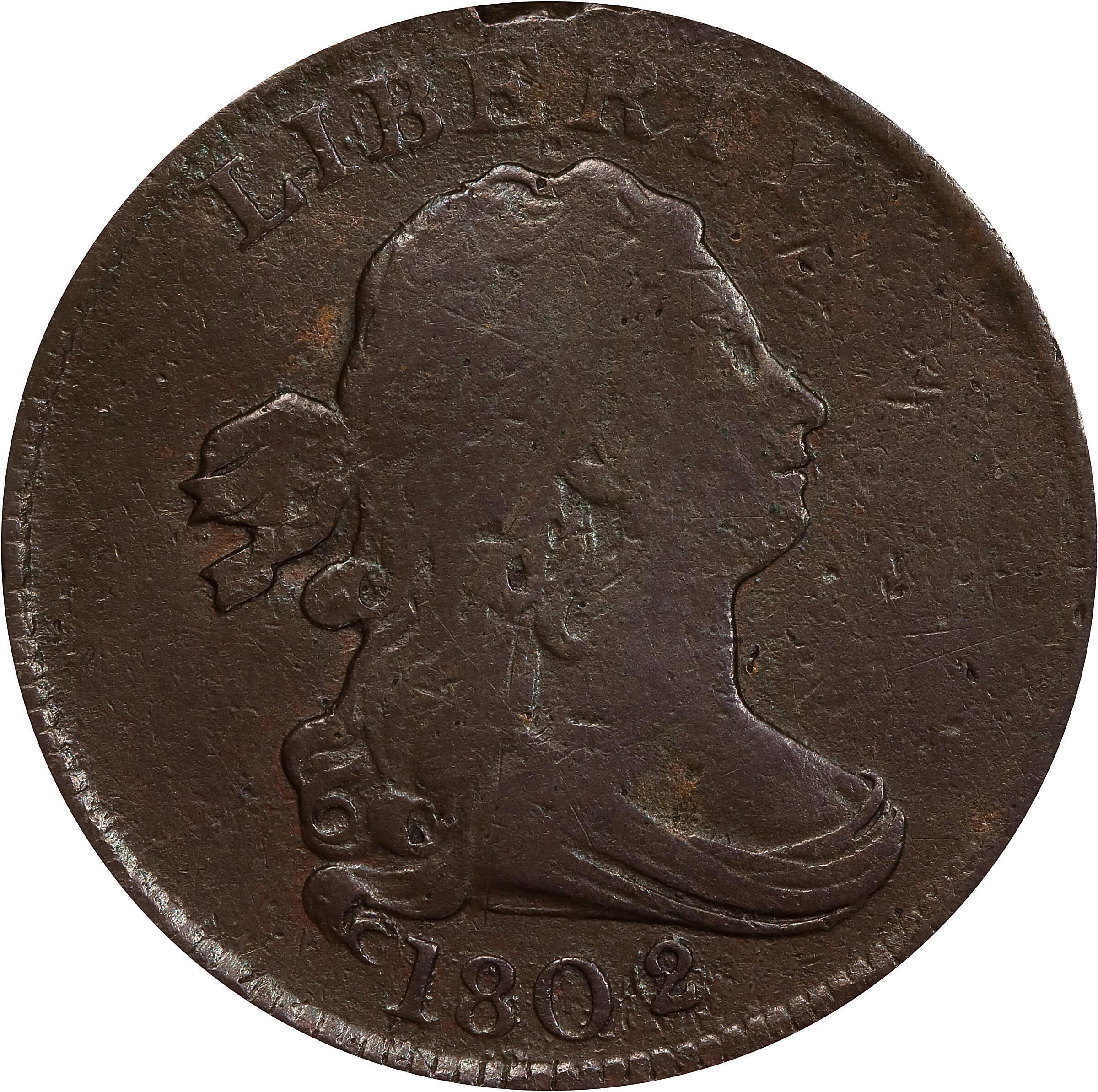1802/0 Draped Bust Half Cent. C-2. Rarity-3. Second Reverse (a.k.a. Reverse of 1802). VG Details--Damage (PCGS).