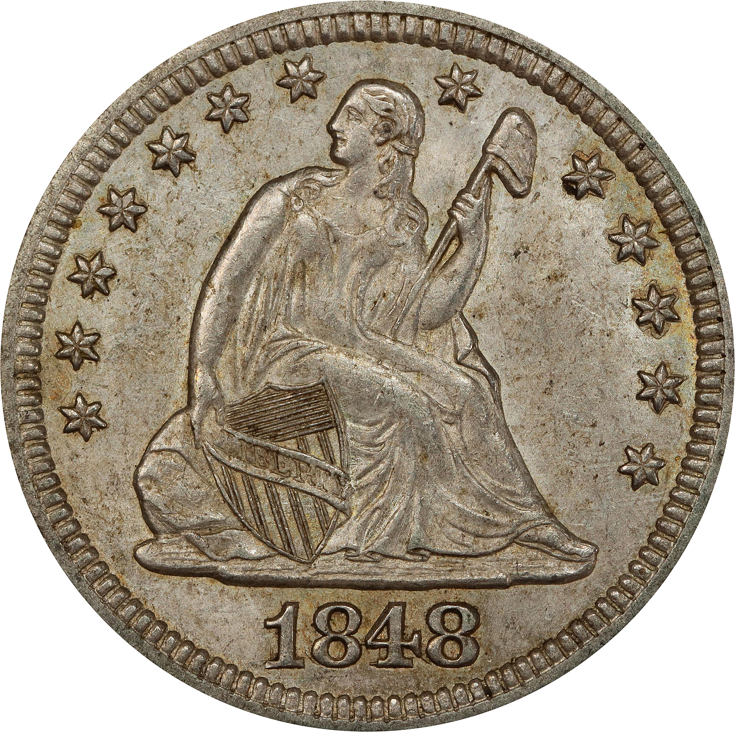 1848 Liberty Seated Quarter. Briggs 1-A. Repunched Date. Unc Details--Gouged (PCGS).