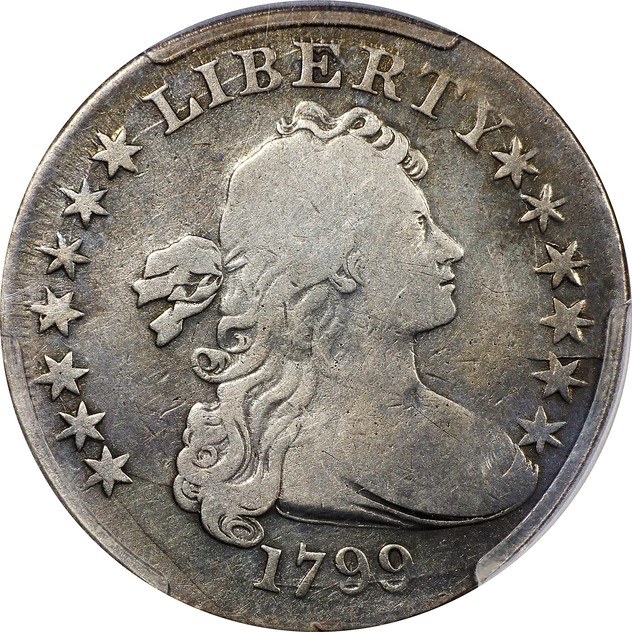 1799 Draped Bust Silver Dollar. BB-153, B-4. Rarity-4. Irregular Date, 15-Star Reverse. VG Details--Corrosion Removed (PCGS).