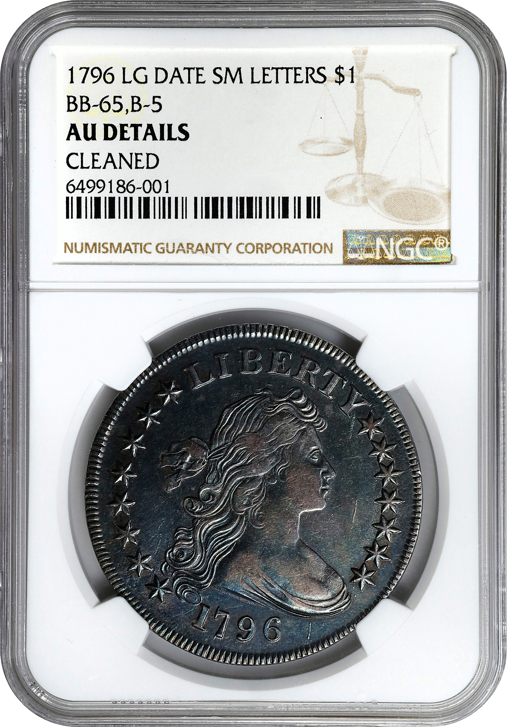 1796 $1  Large Date, Small Letters, B-5, BB-65 AG3 CAC thumbnail 3