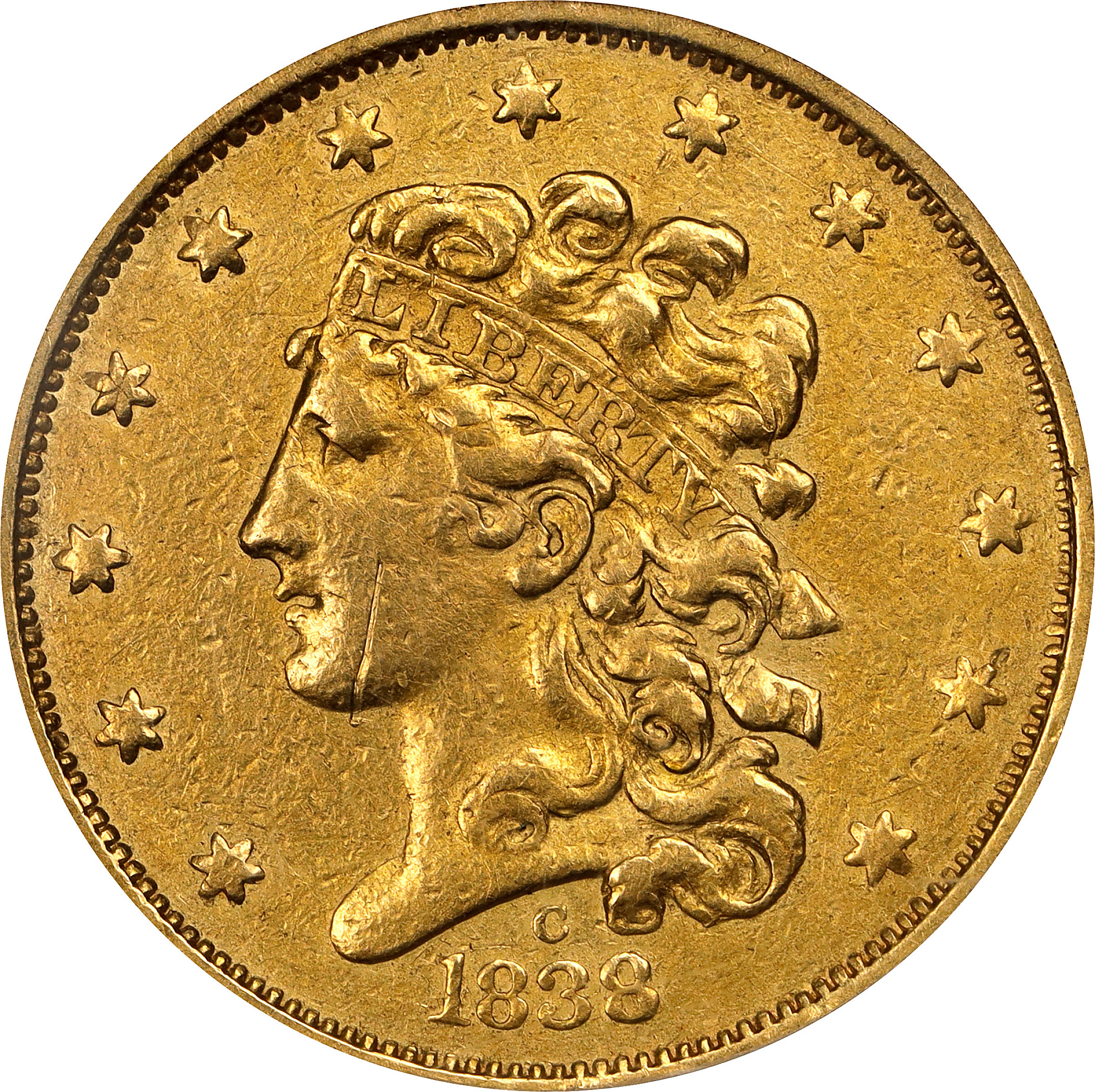 1838-C Classic Head Half Eagle. HM-1, Winter-1. Rarity-4+. Net VF-30 (PCGS). EF Details--Scratched, Cleaned. OH.