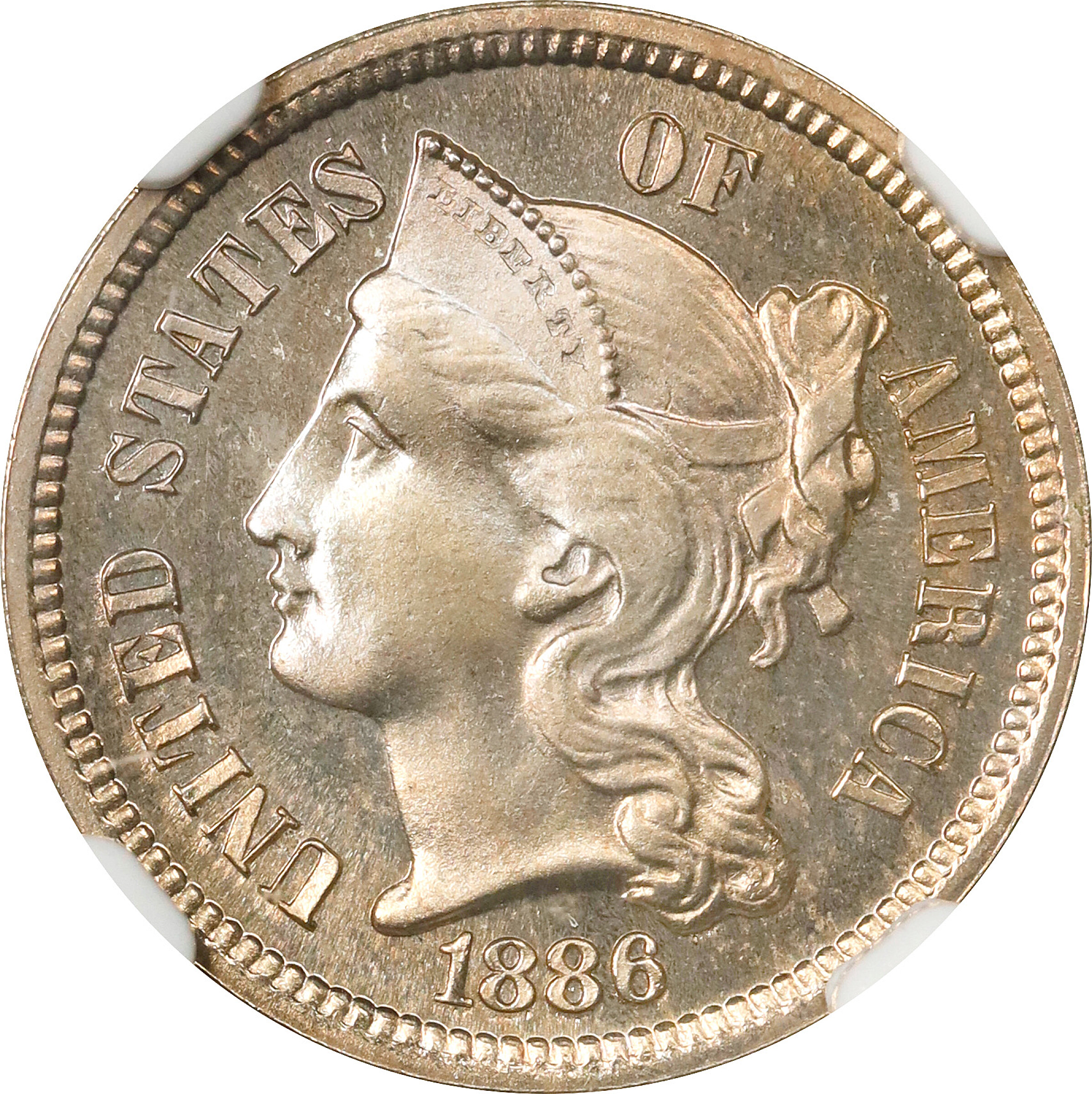 1886 Nickel Three-Cent Piece. Proof-66 Cameo (NGC).