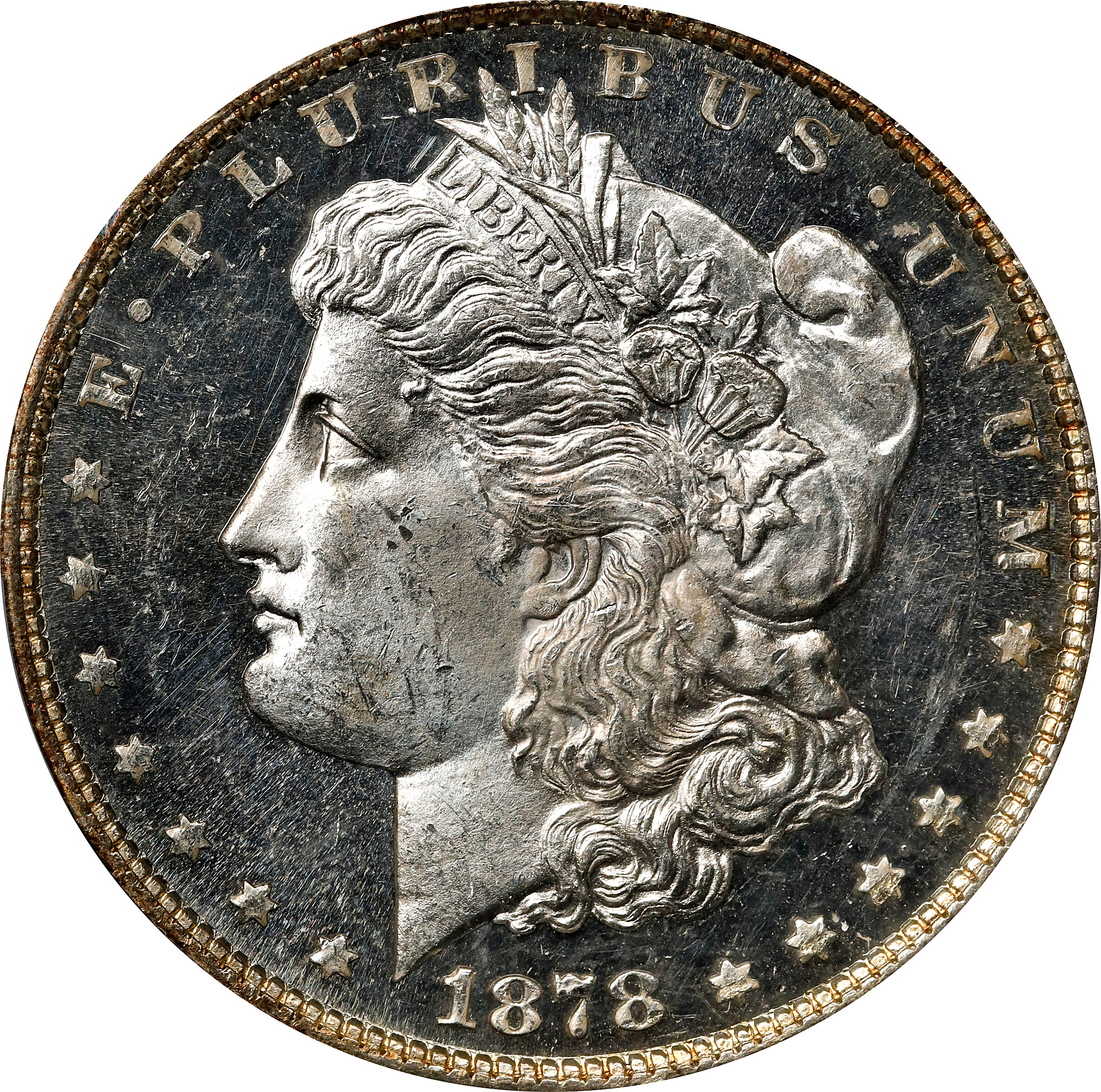 1878 Morgan Silver Dollar. 7 Tailfeathers. Reverse of 1879. MS-63 DMPL (PCGS). CAC.
