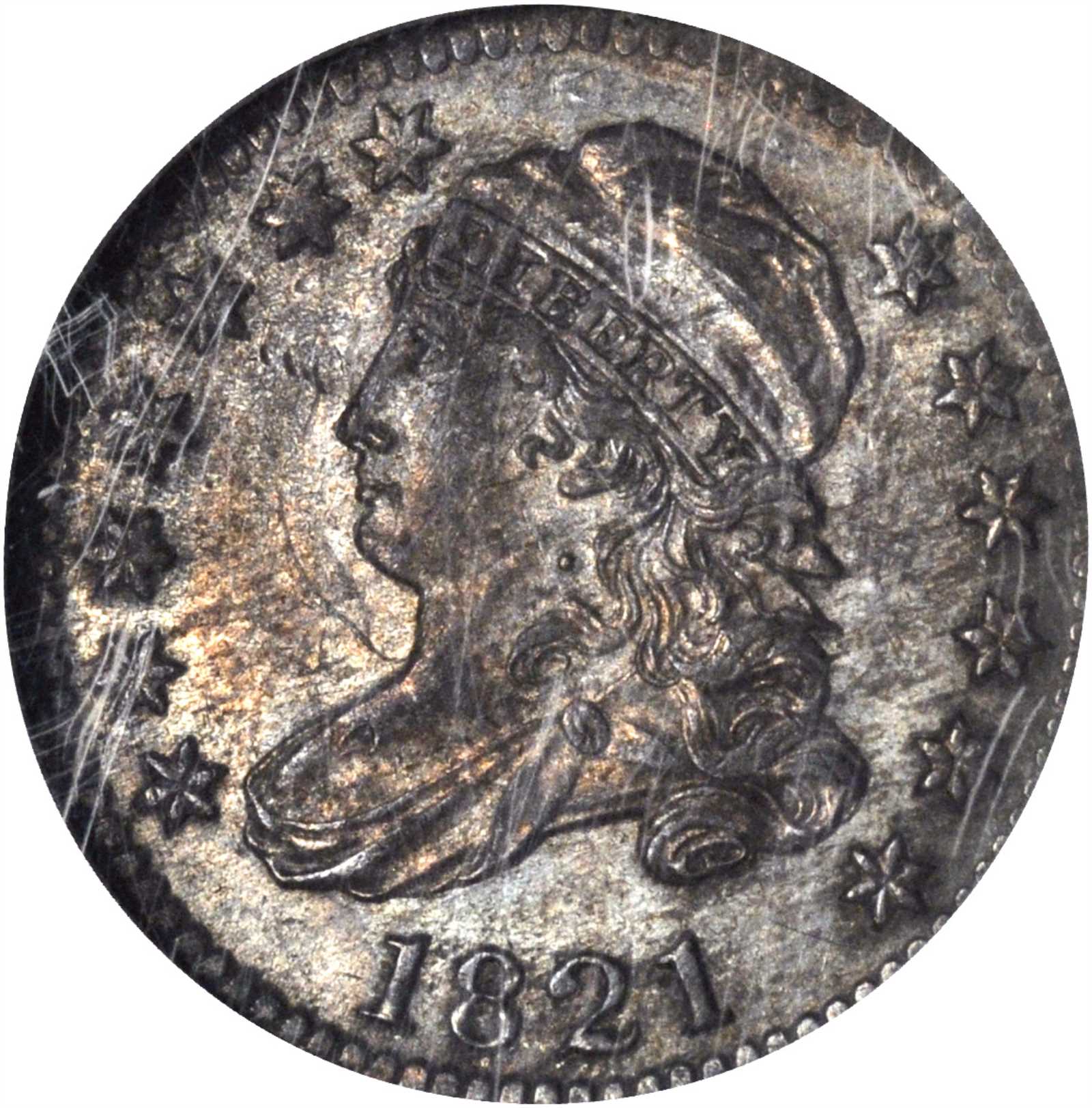 1821 Capped Bust Dime. JR-7. Rarity-2. Large Date. AU-55 (NGC).
