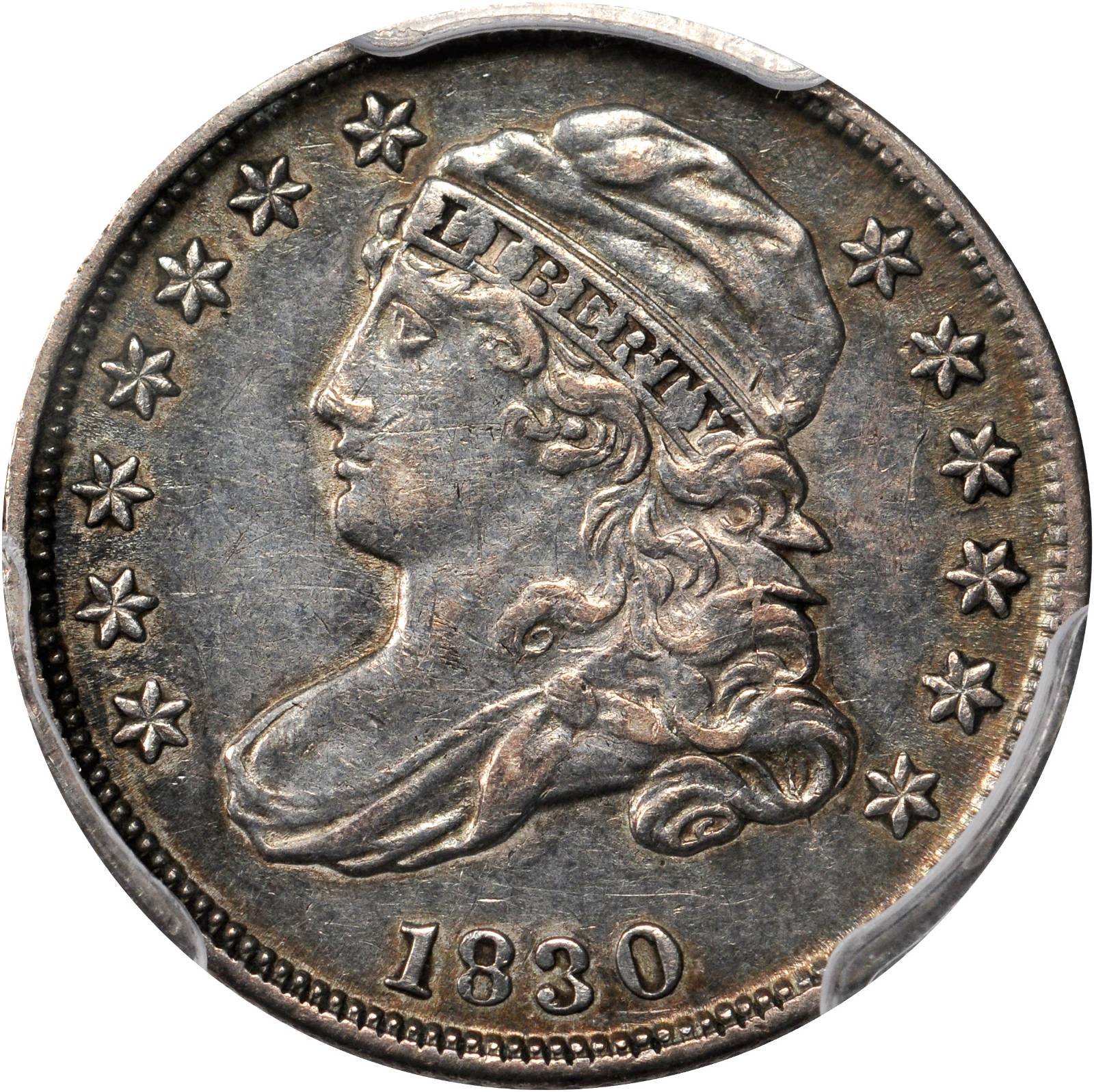 1830 Capped Bust Dime. JR-8. Rarity-3. Medium 10C. AU-50 (PCGS).