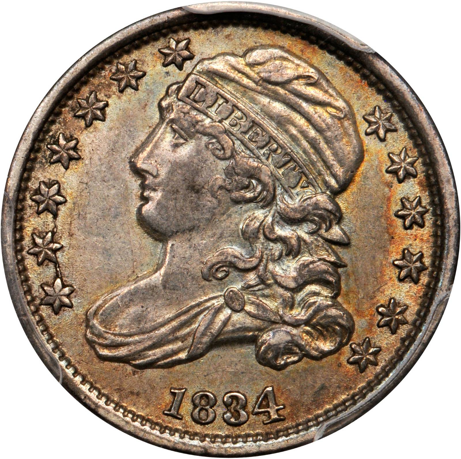 1834 Capped Bust Dime. JR-1. Rarity-1. Large 4. AU-55 (PCGS).