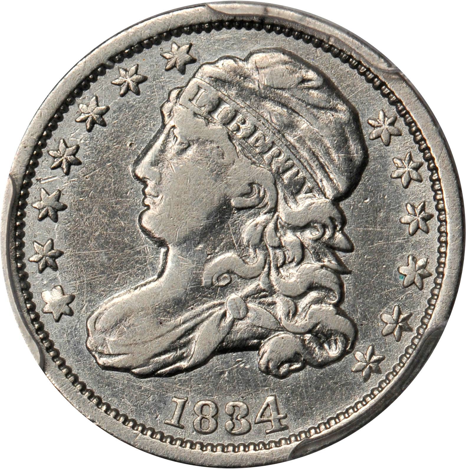 1834 Capped Bust Dime. JR-1. Rarity-1. Large 4. VF Details--Surfaces Tooled (PCGS).