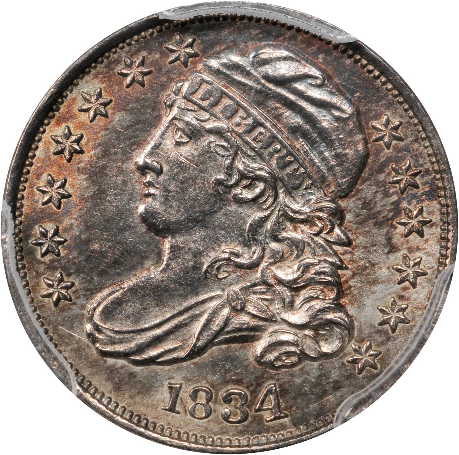 1834 Capped Bust Dime. JR-6. Rarity-2. Large 4. Unc Details--Questionable Color (PCGS).