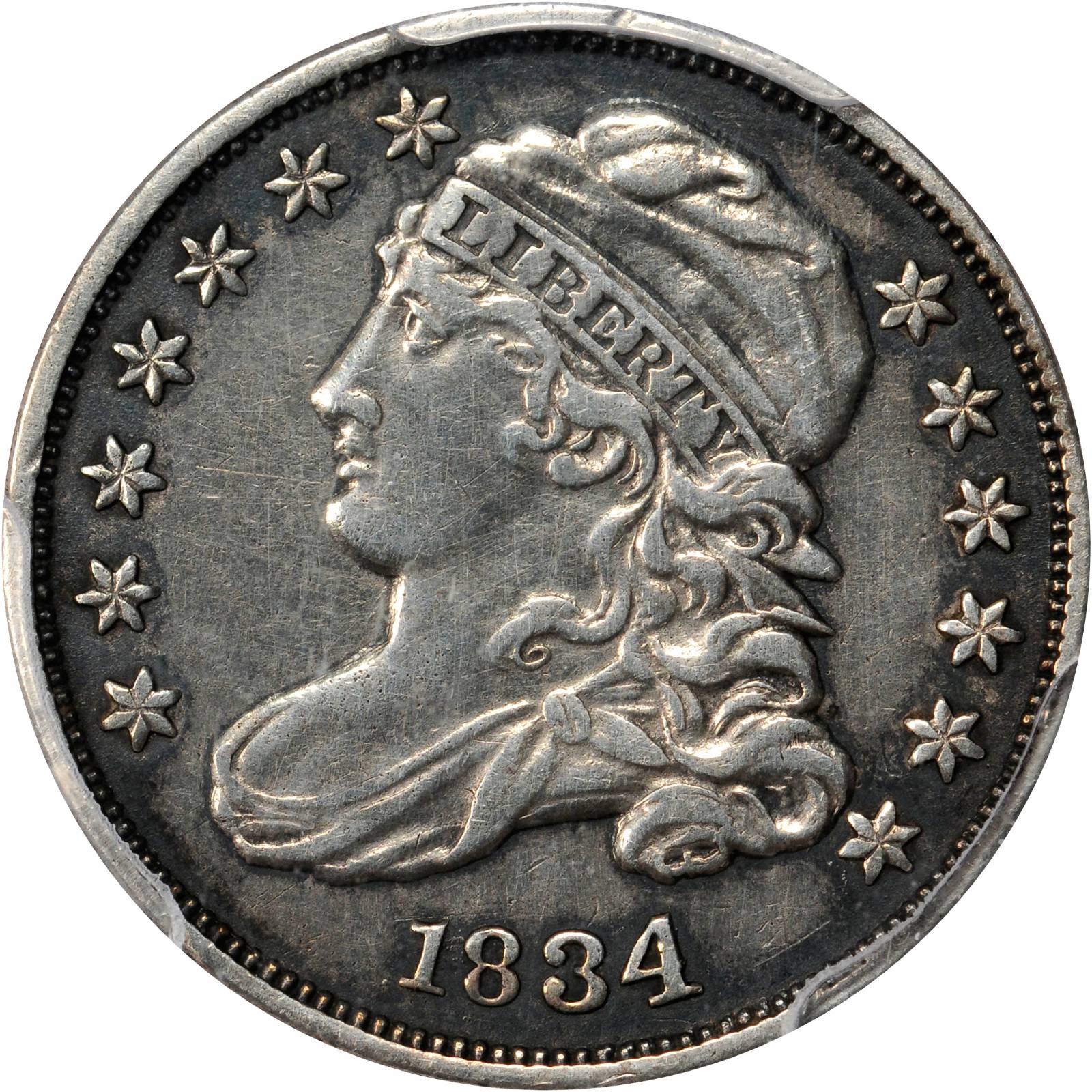 1834 Capped Bust Dime. JR-6. Rarity-2. Large 4. EF Details--Cleaning (PCGS).