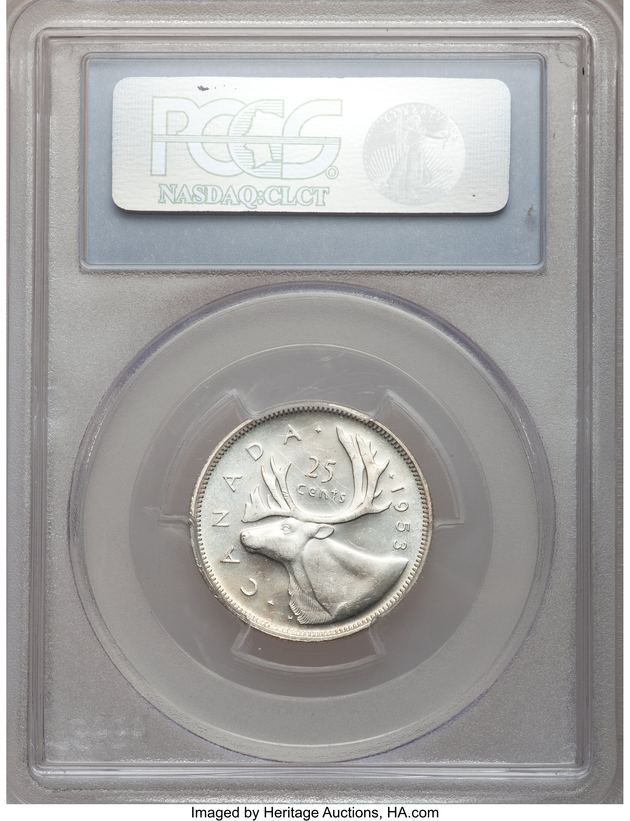 Elizabeth II S25c 80% Silver, Caribou, 1953-1967 [Type] AU50 thumbnail 6