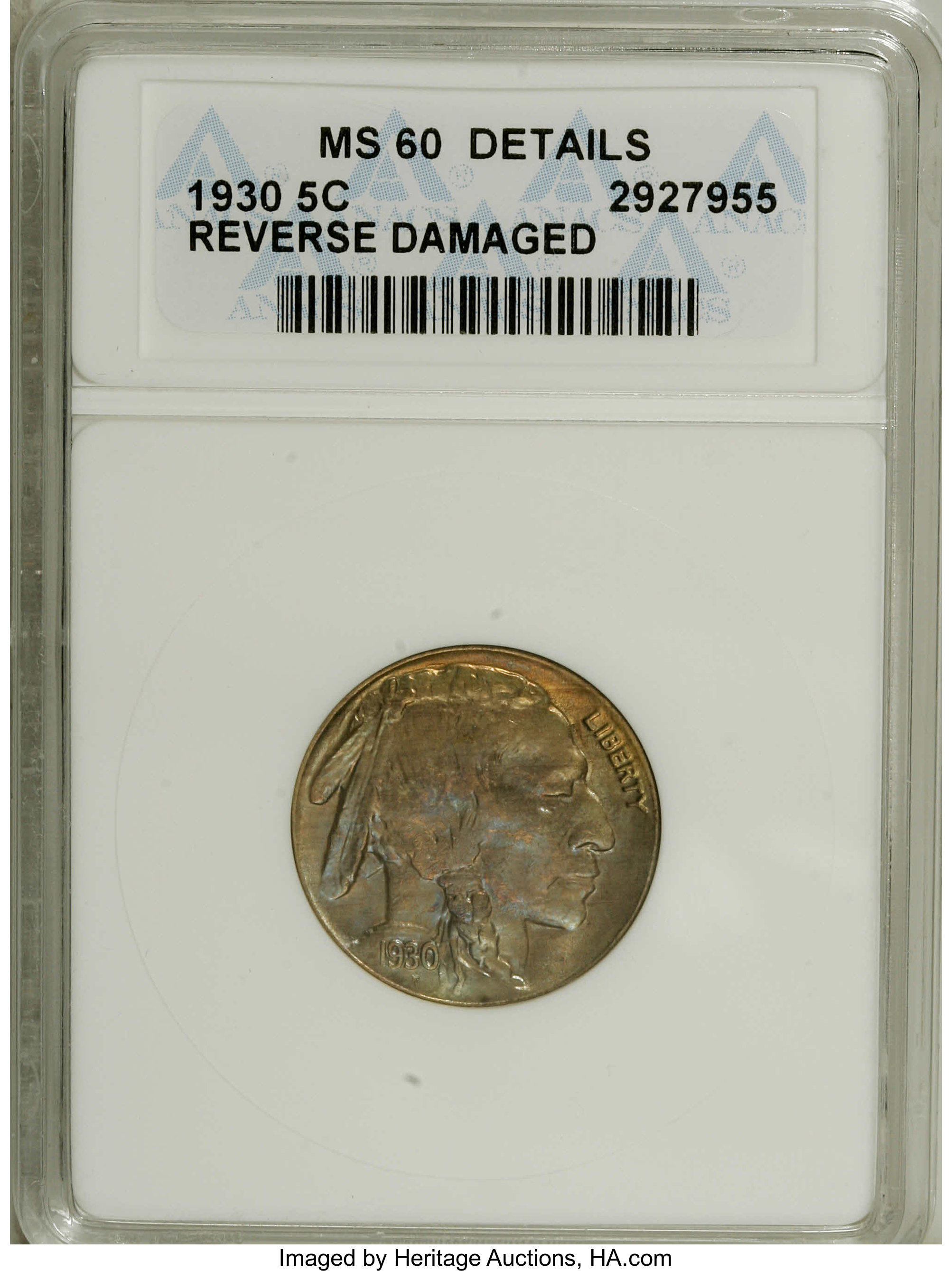 1930 5C --Reverse Damaged--ANACS. MS60 Details. NGC Census: (0/892). PCGS Population (0/1950). Mintage: 22,849,000. Numisme...