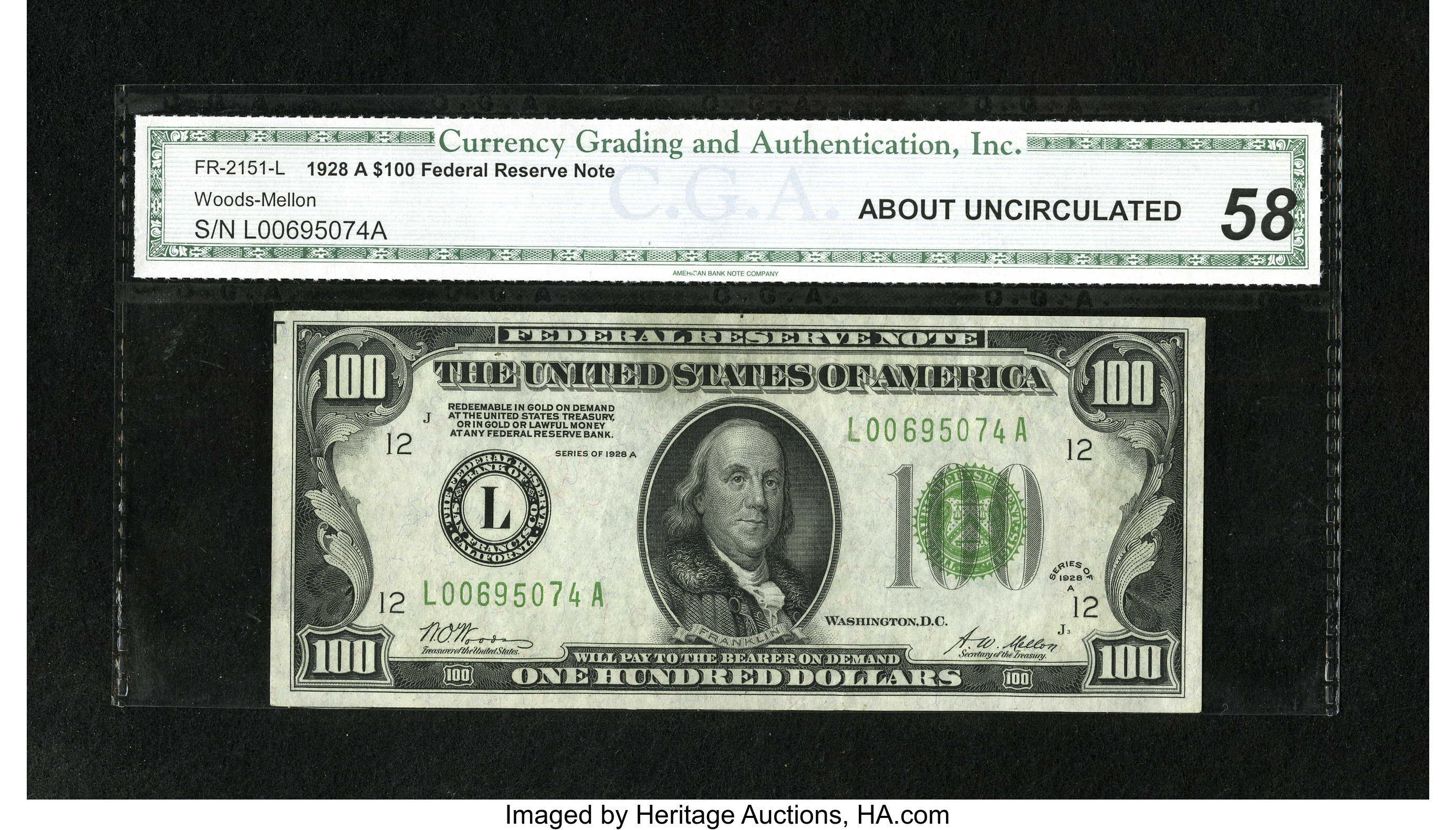 Fr. 2151-L $100 1928A Federal Reserve Note. CGA About Uncirculated 58. This note was graded as About Uncirculated 58 by CGA...