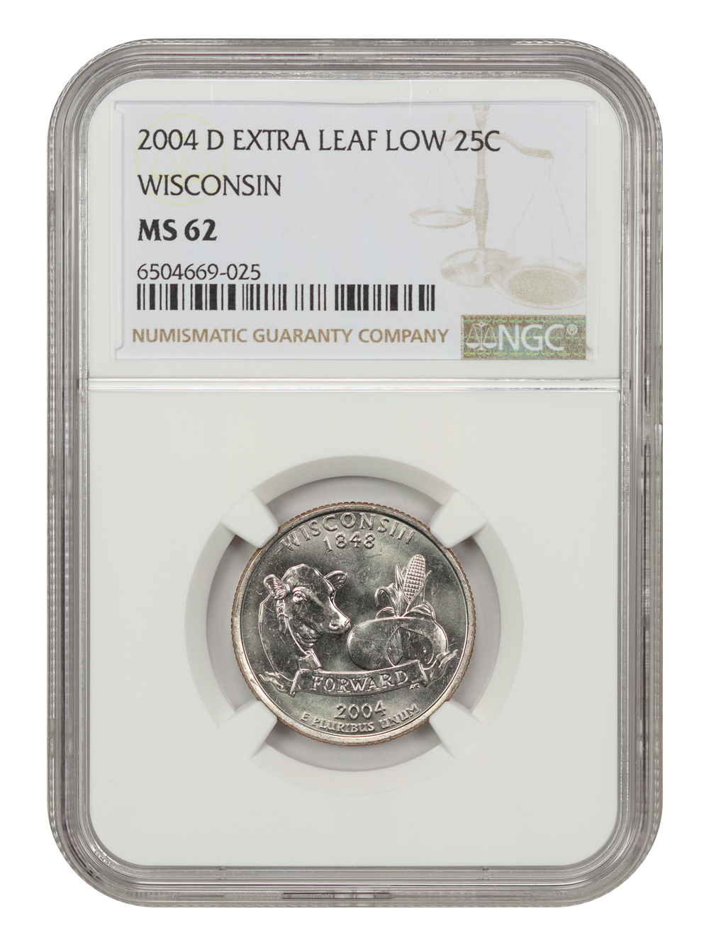 2004-D 25c Wisconsin, Extra Leaf Low MS62 thumbnail 3