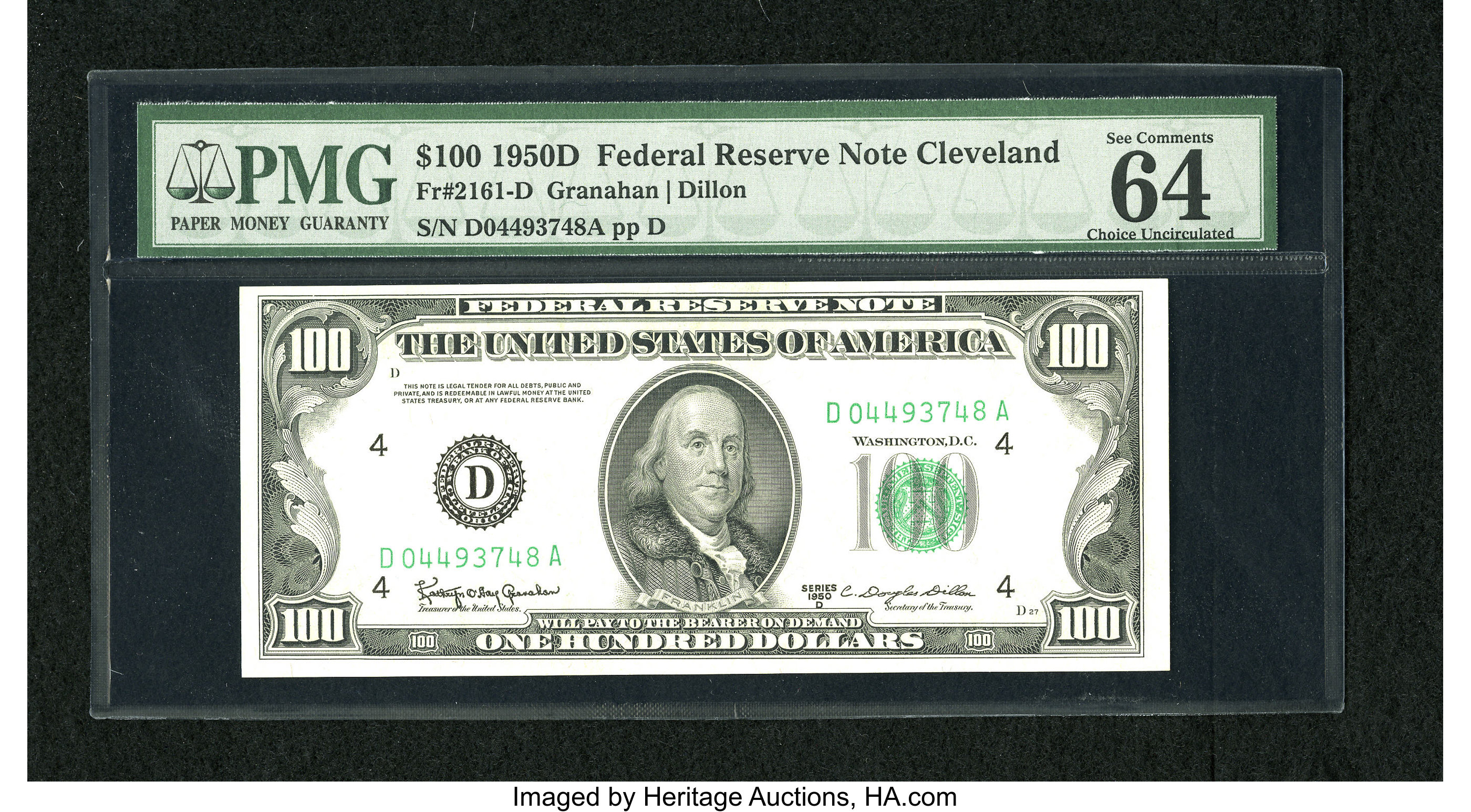 Fr. 2161-D $100 1950D Federal Reserve Note. PMG Choice Uncirculated 64 EPQ. A lovely example from Cleveland which requires ...