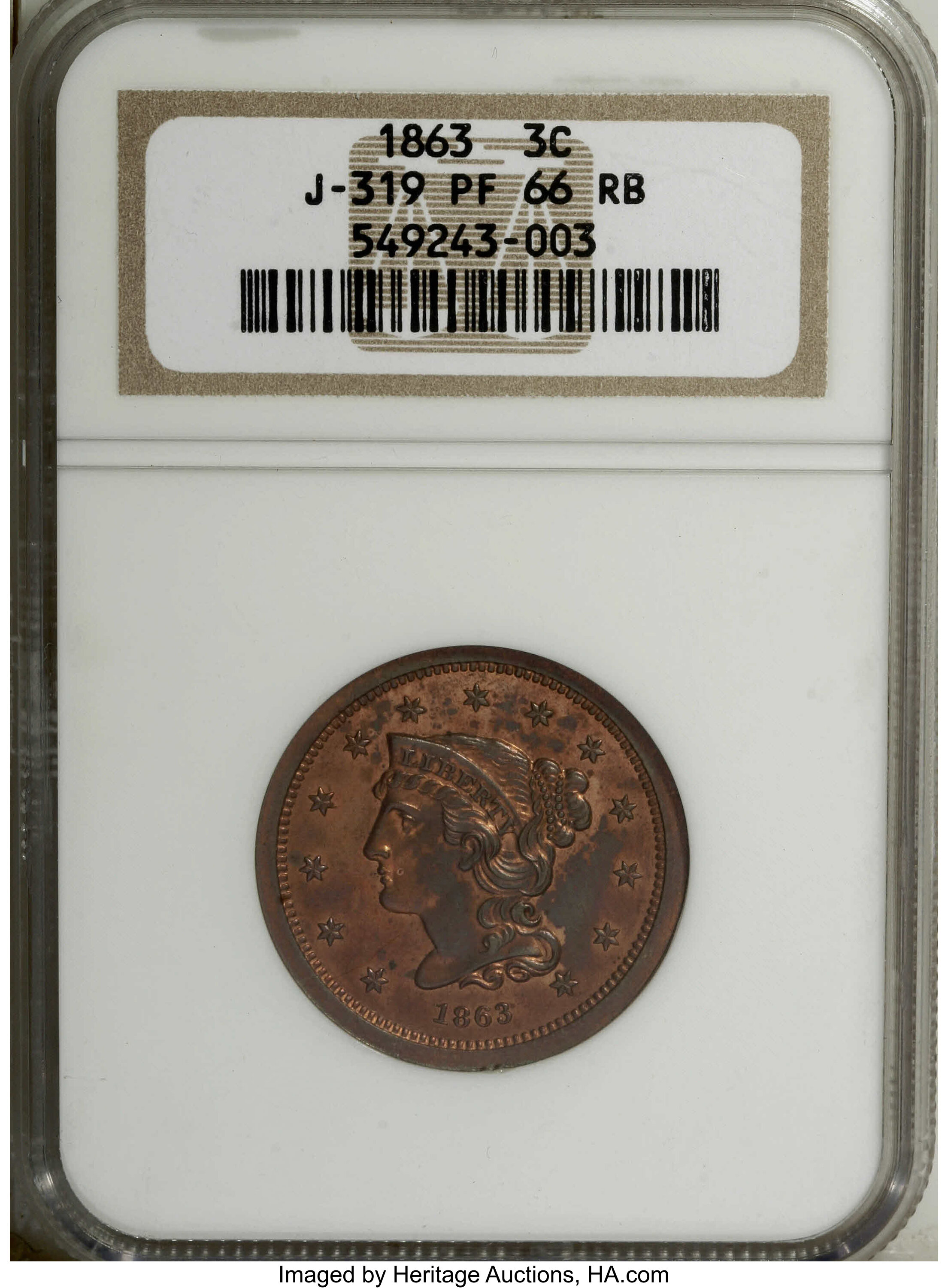 1863 P3c Restrike, Copper, J-319 PR RB PR63 RB thumbnail 25