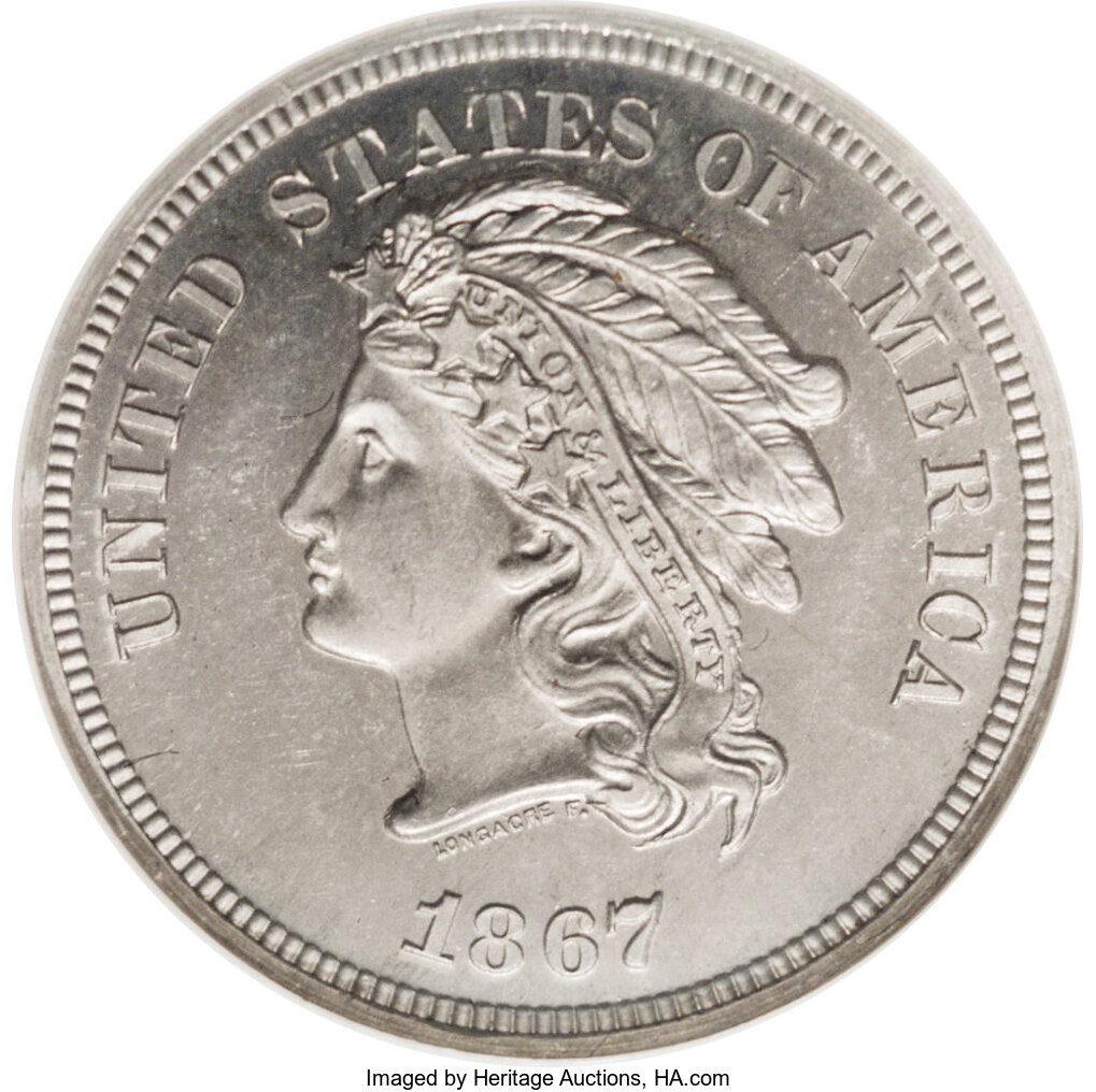 1867 5C Indian Head Five Cents, Judd-561, Pollock-622, R.5, PR64 NGC. A Liberty head on the obverse faces left with the leg...