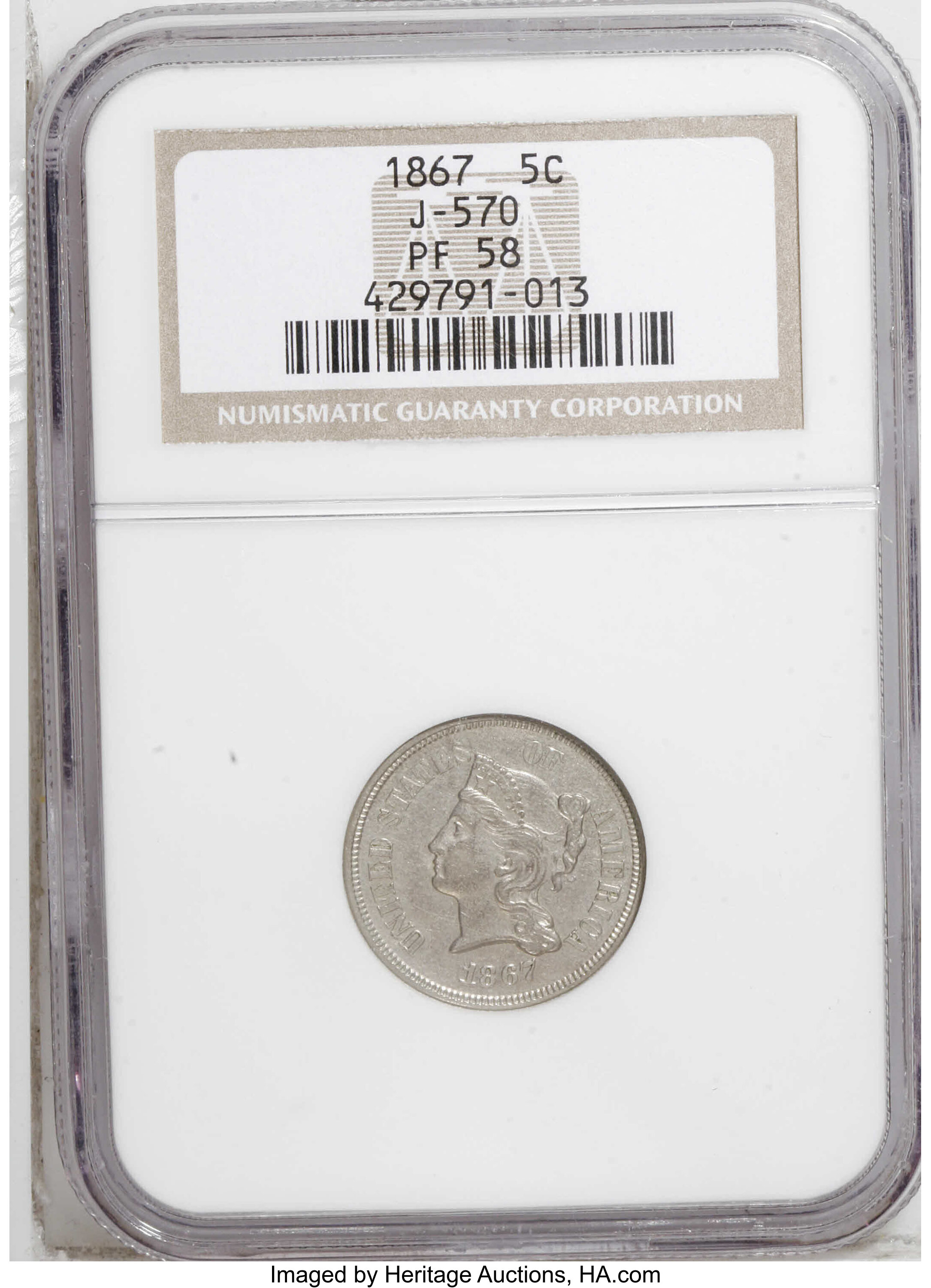 1867 P5c Nickel, J-570 AU58 thumbnail 4
