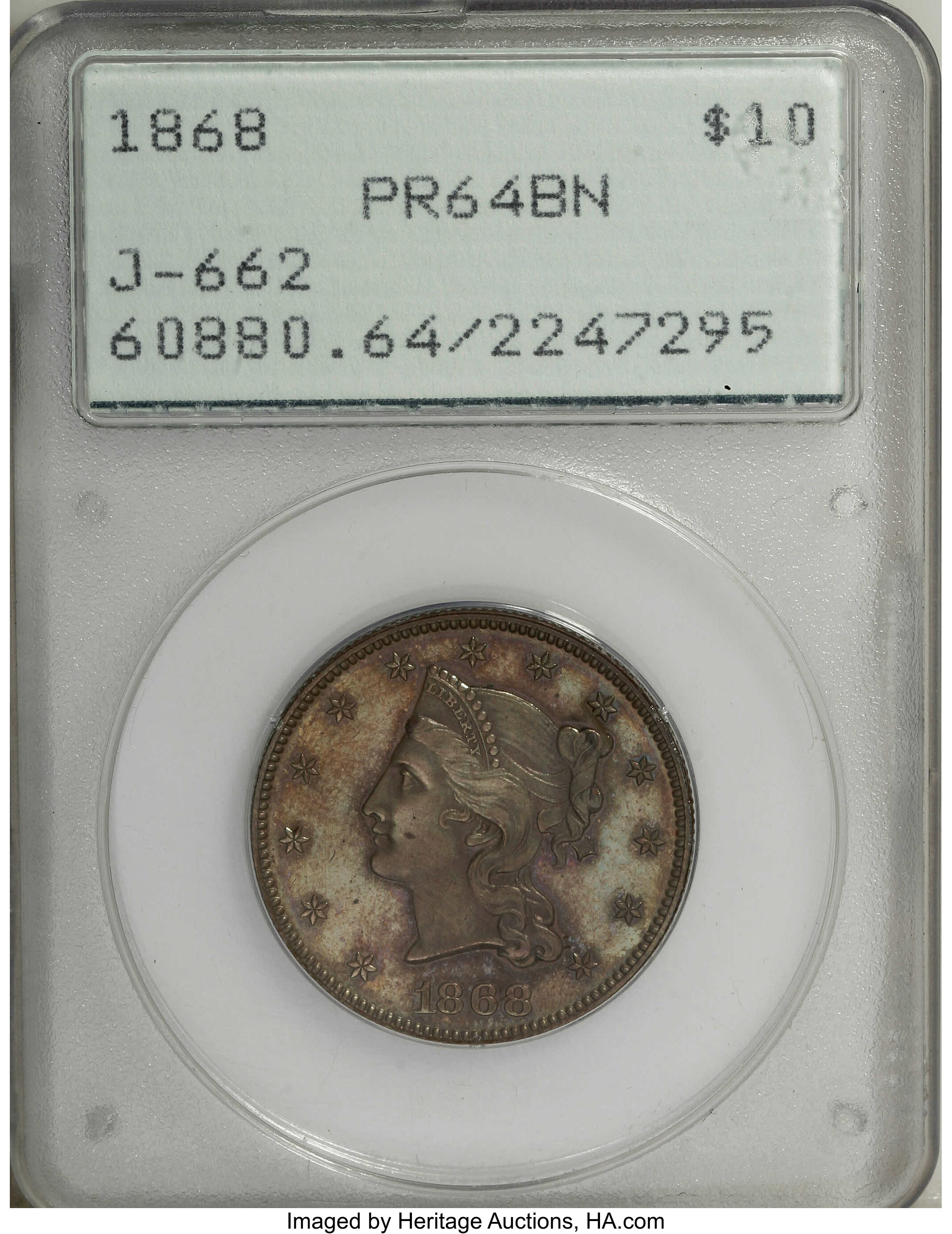 1868 P$10 Copper, J-662 PR RB thumbnail 15