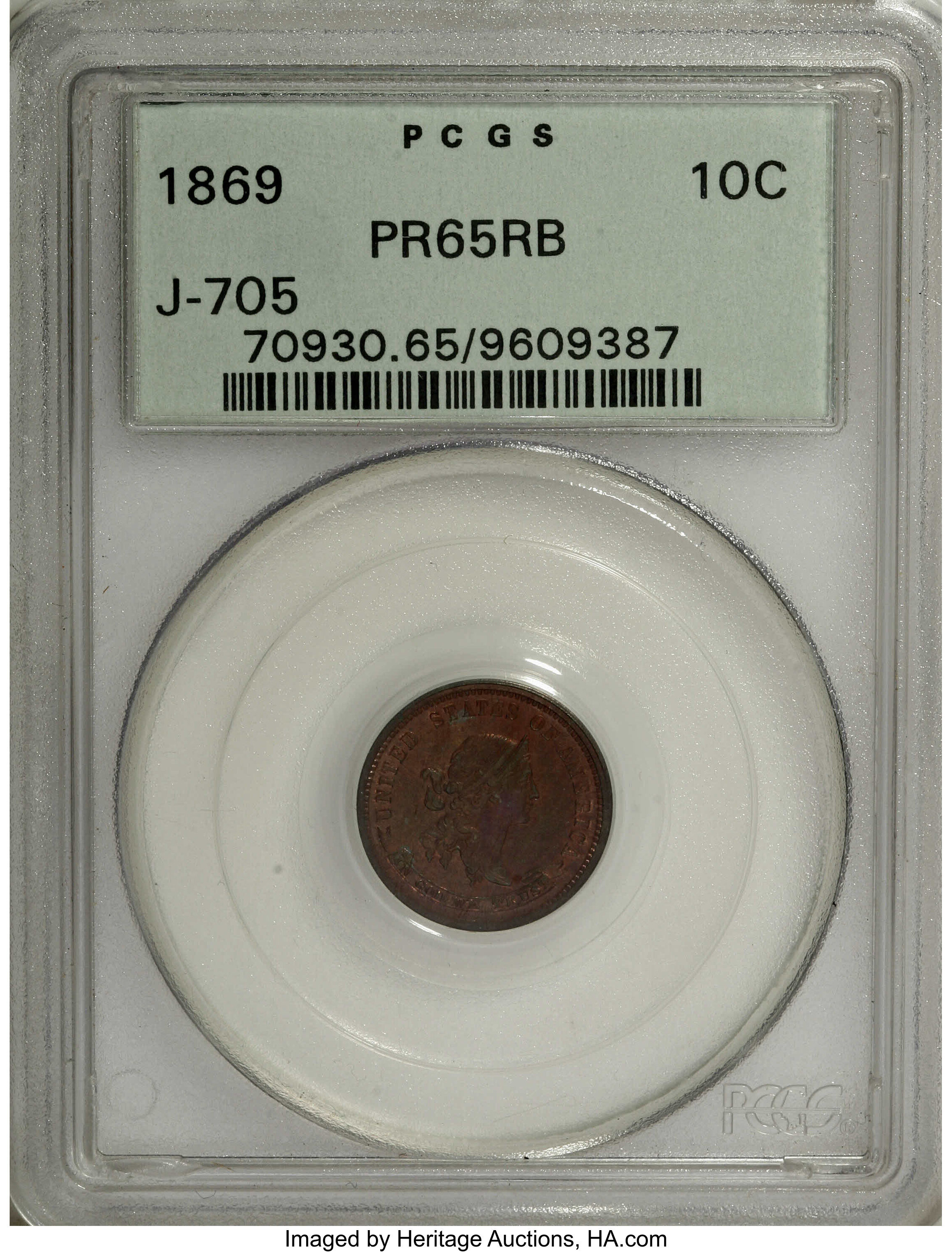 1869 P10c Copper, J-705 PR RB thumbnail 3