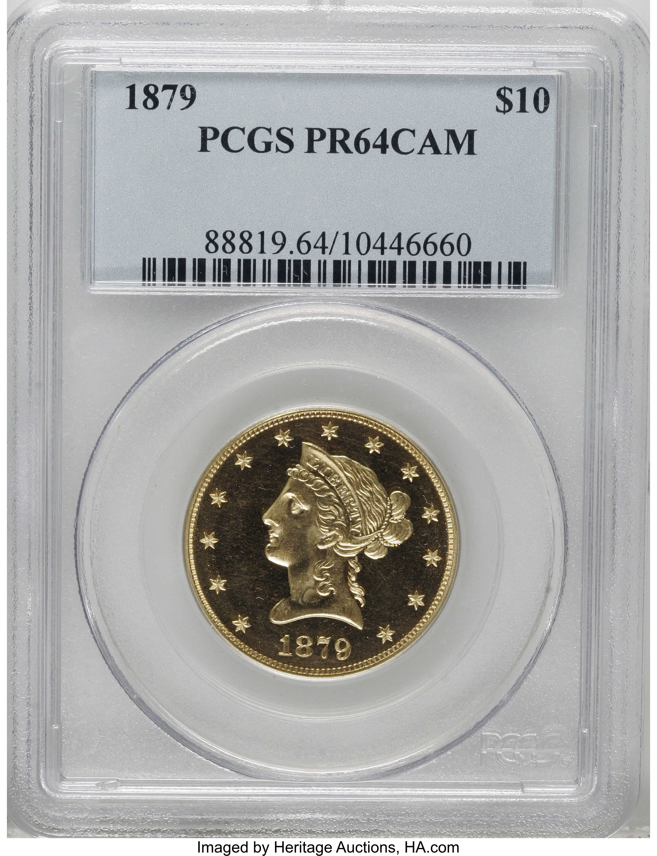 1879 $10 PR64 Cameo PCGS. We believe that exactly eight proof 1879 eagles survive today, nearly all Choice or Gem proof qua...