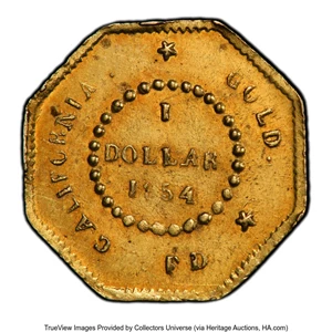 image for: 1854 $1 Liberty Octagonal 1 Dollar, BG-509, R.6, AU55 PCGS. PCGS Population: (5/10 and 0/0+). NGC Census: (0/1 and 0/0+). A...