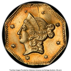 image for: 1853 $1 Liberty Octagonal 1 Dollar, BG-526, High R.6, MS61 PCGS. Star 4 is too small, and star 5 is not much larger. This e...